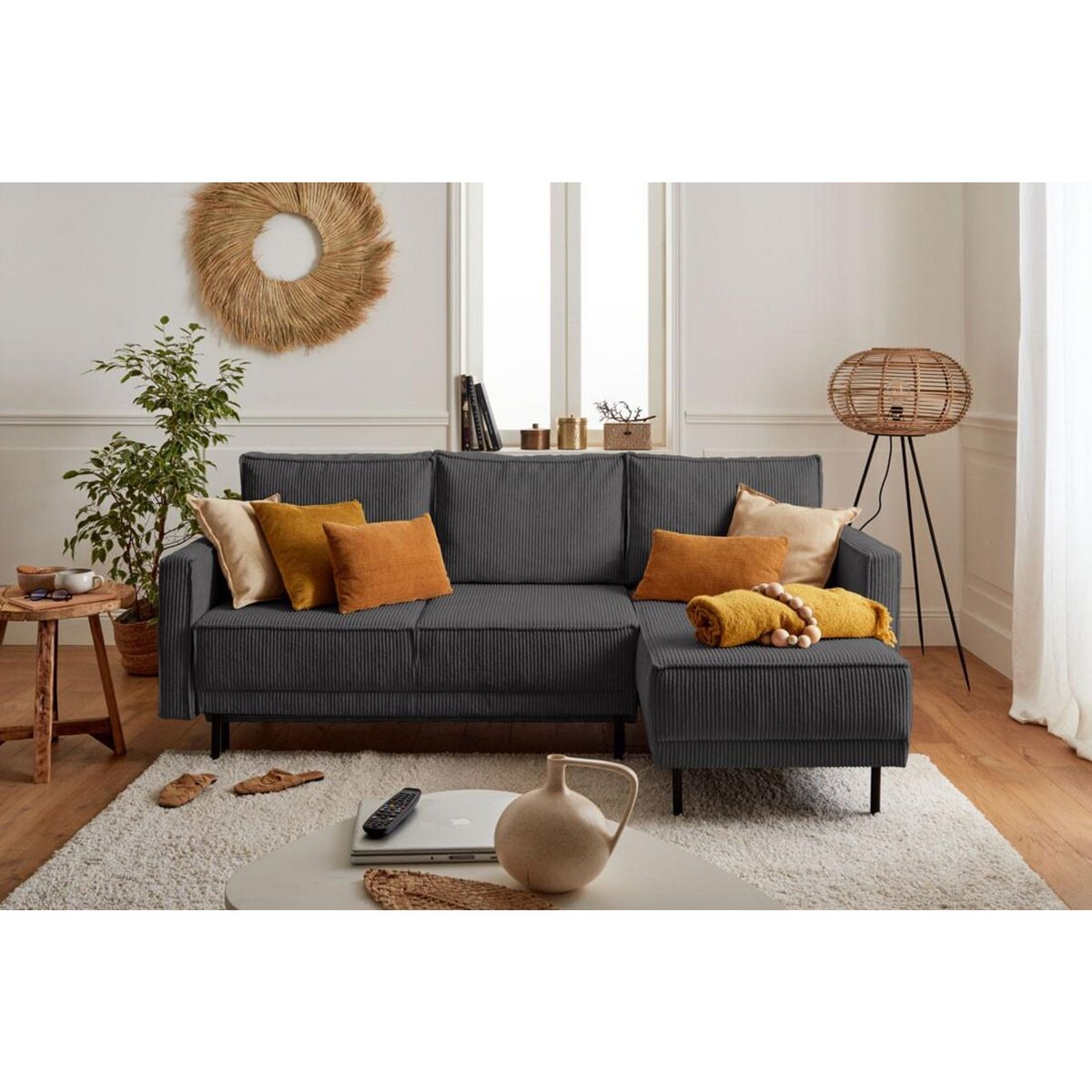 LISA DESIGN Charlie - canapé d'angle réversible - 4 places - convertible avec coffre - en velours côtelé