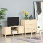 Voir la diapositive 2 : HOMCOM Meuble TV banc TV 2 niches 2 placards porte cannage en rotin dim. 115L x 40l x 48H cm MDF aspect bois clair