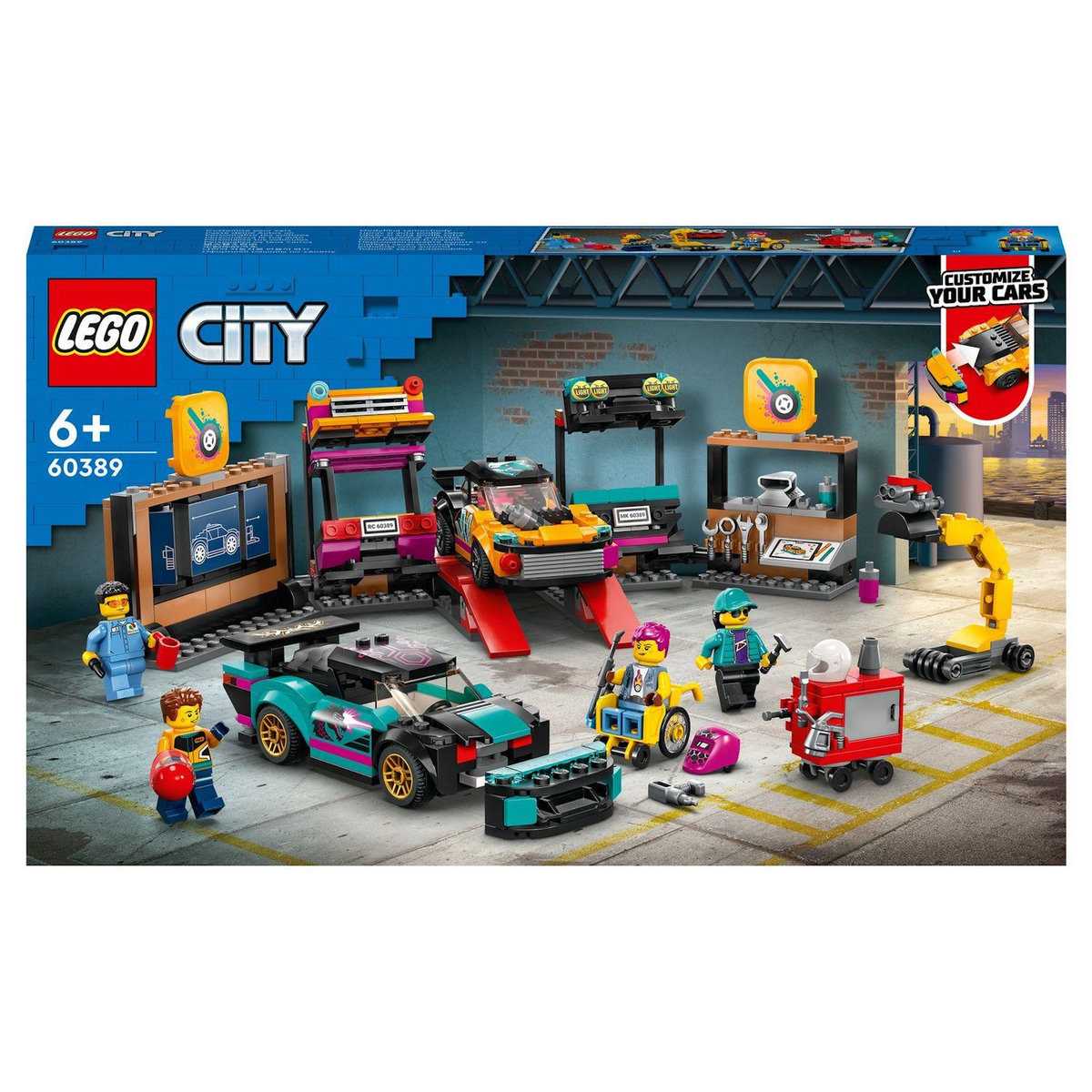 LEGO City 60389 Le garage de customisation, Jouet avec 2 Voitures, Atelier Automobile et 4 Minifigurines