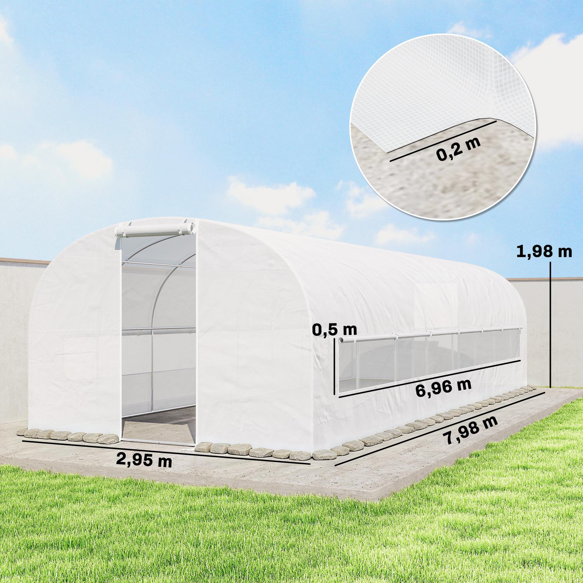 Voir la diapositive 3 : OUTSUNNY Serre tunnel de jardin 24m² 2 grandes fenêtres bâche pe 140 g/m² blanc