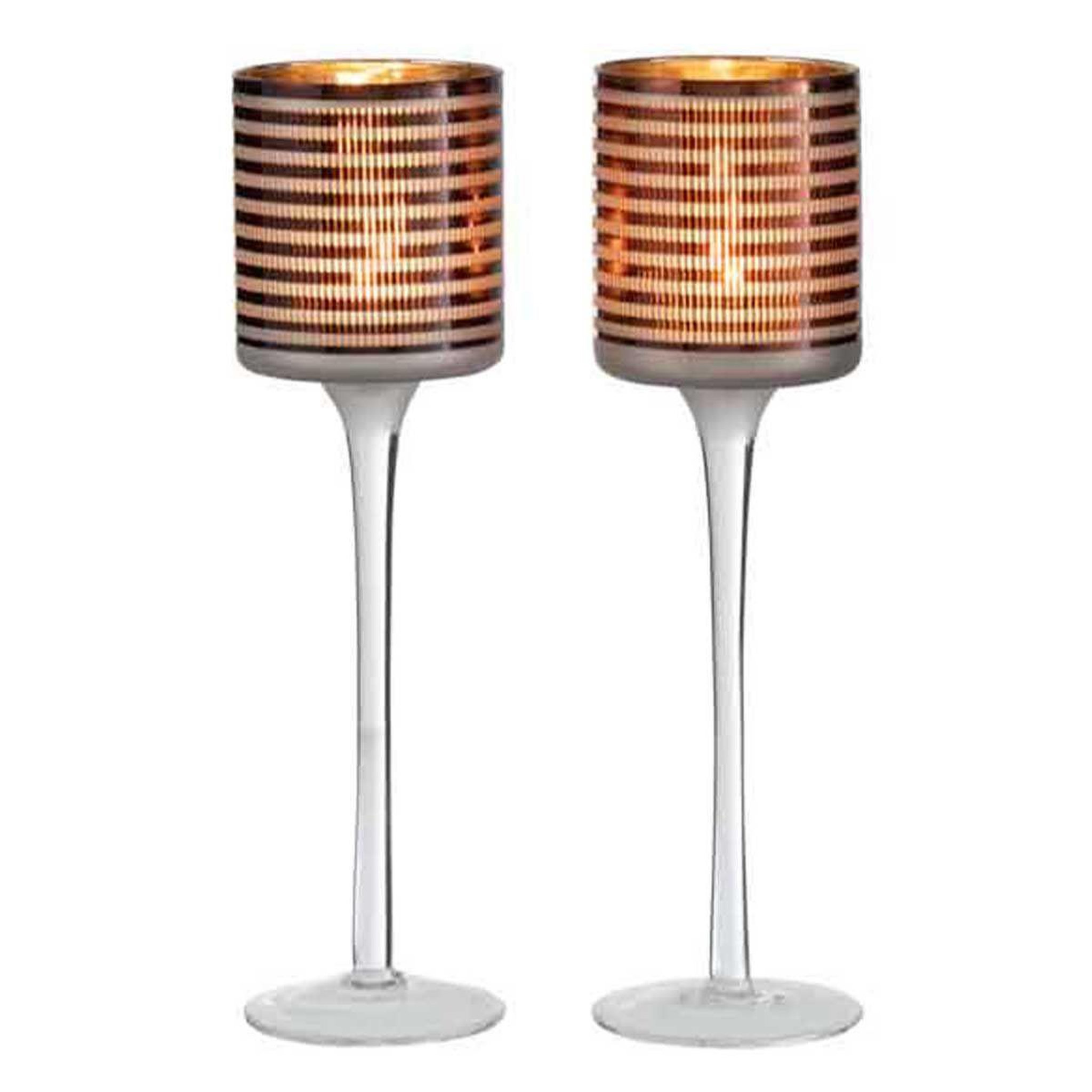 Voir la diapositive 2 : J-LINE Lot de 2 Photophores sur Pied  Verre Rayé  25cm Marron