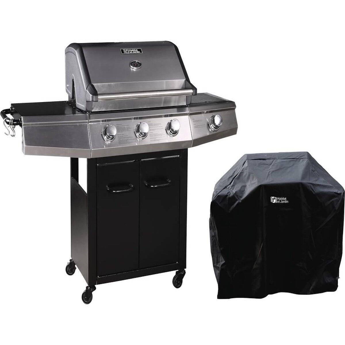 Habitat et Jardin Barbecue Gaz avec LED  Bingo 4  - 4 brûleurs dont 1 latéral - 14kW + Housse protection - Noir