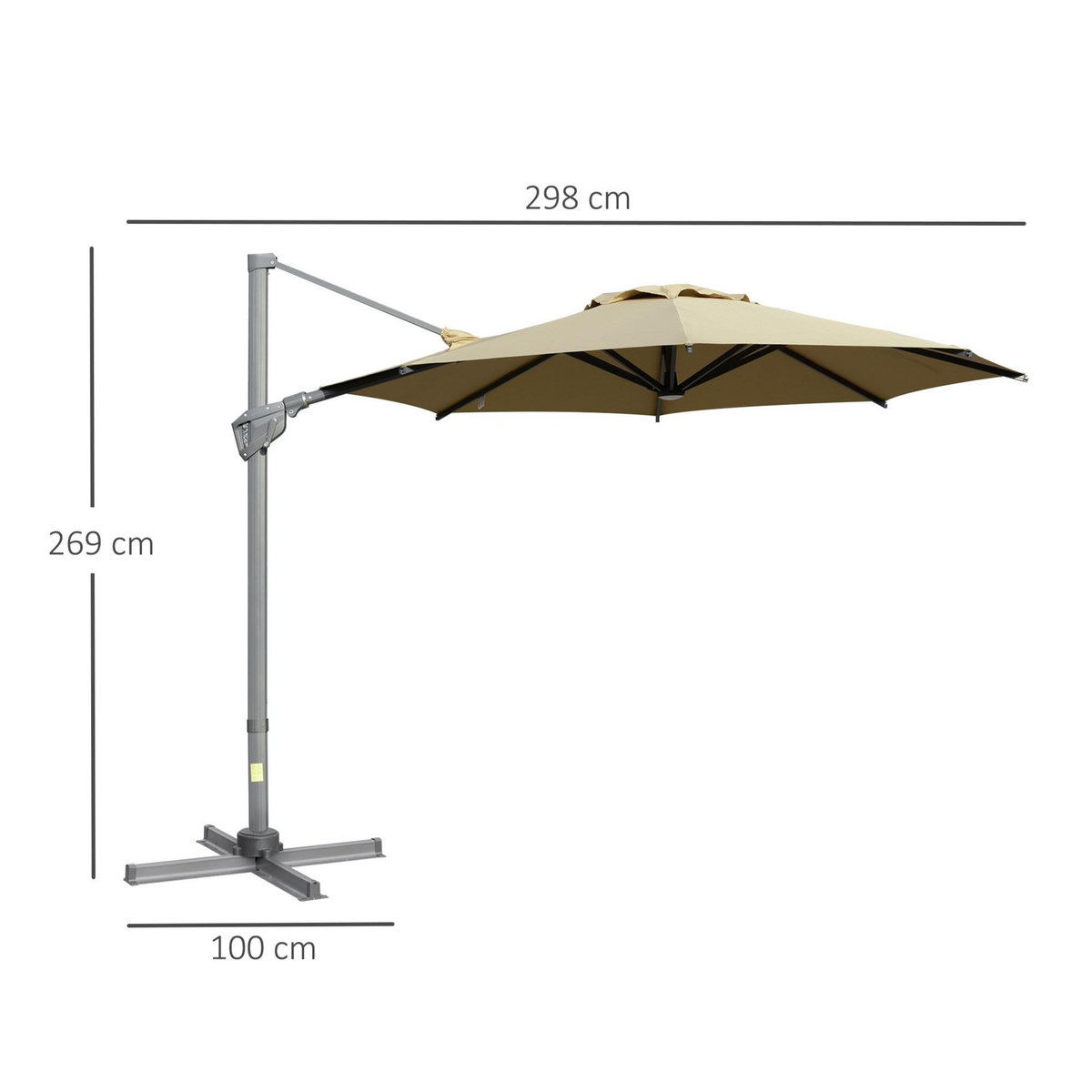 OUTSUNNY Parasol déporté octogonal inclinable pivotant 360° manivelle dim. 3L x 3l x 2,5H m alu. acier époxy polyester kaki