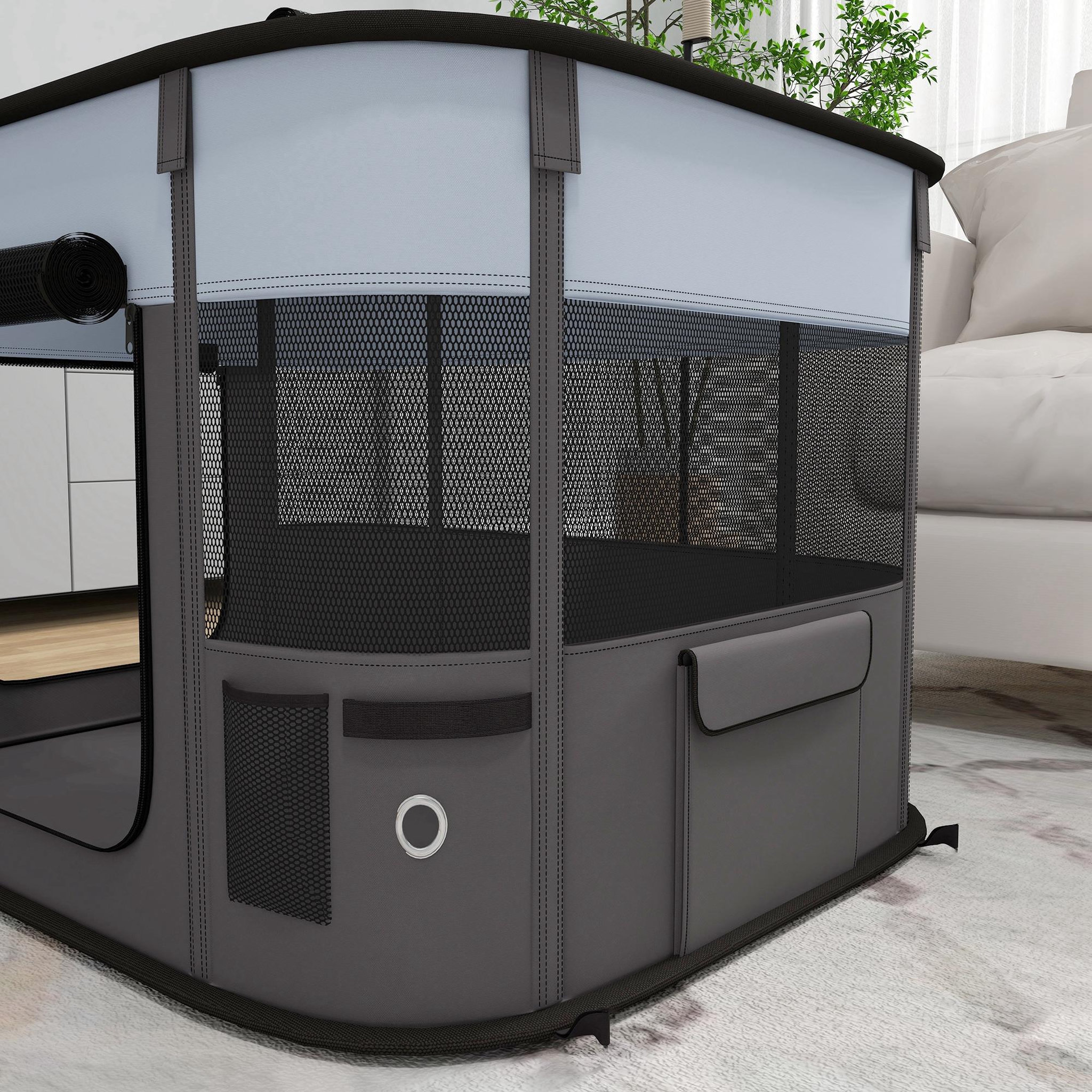 Voir la diapositive 5 : PAWHUT Parc pliable pour chien en tissu oxford - fenêtres, portes en maille - sac de rangement - gris noir