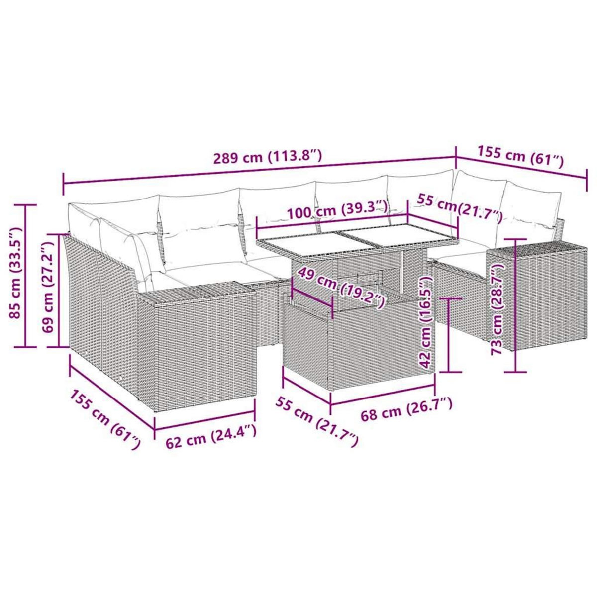 VIDAXL Salon de jardin 8 pcs avec coussins gris clair resine tressee