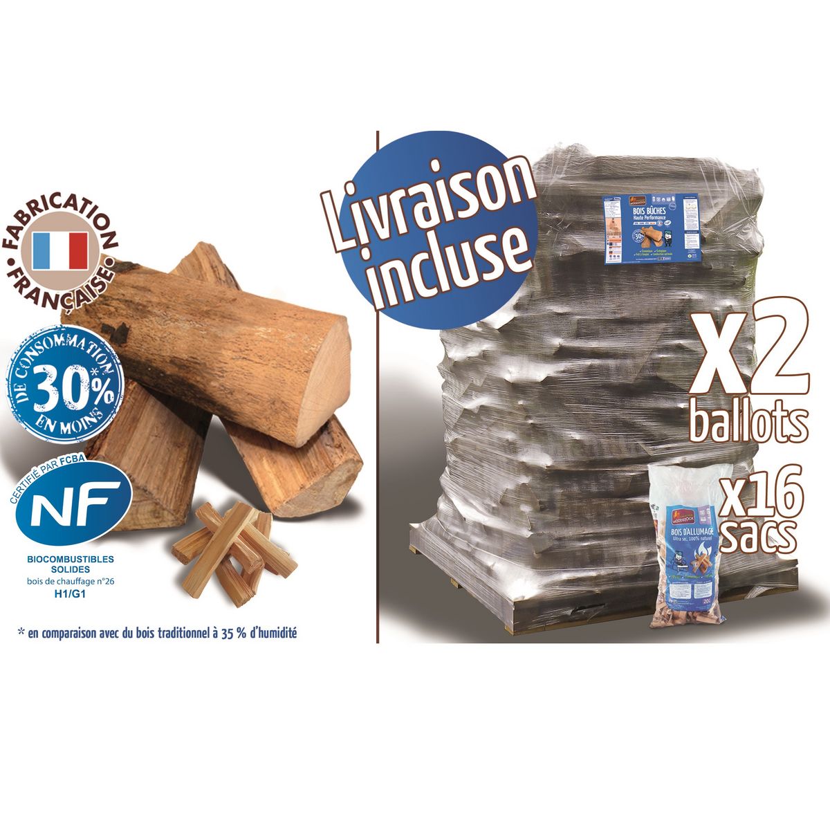 WOODSTOCK Bois de chauffage - Bûches 25 cm - 2 palettes