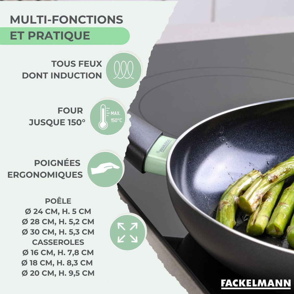 Fackelmann Lot de 3 Poêles 24/28/30 cm et 3 Casseroles 16/18/20 cm Fackelmann Brandao avec 5 ustensiles de cuisine