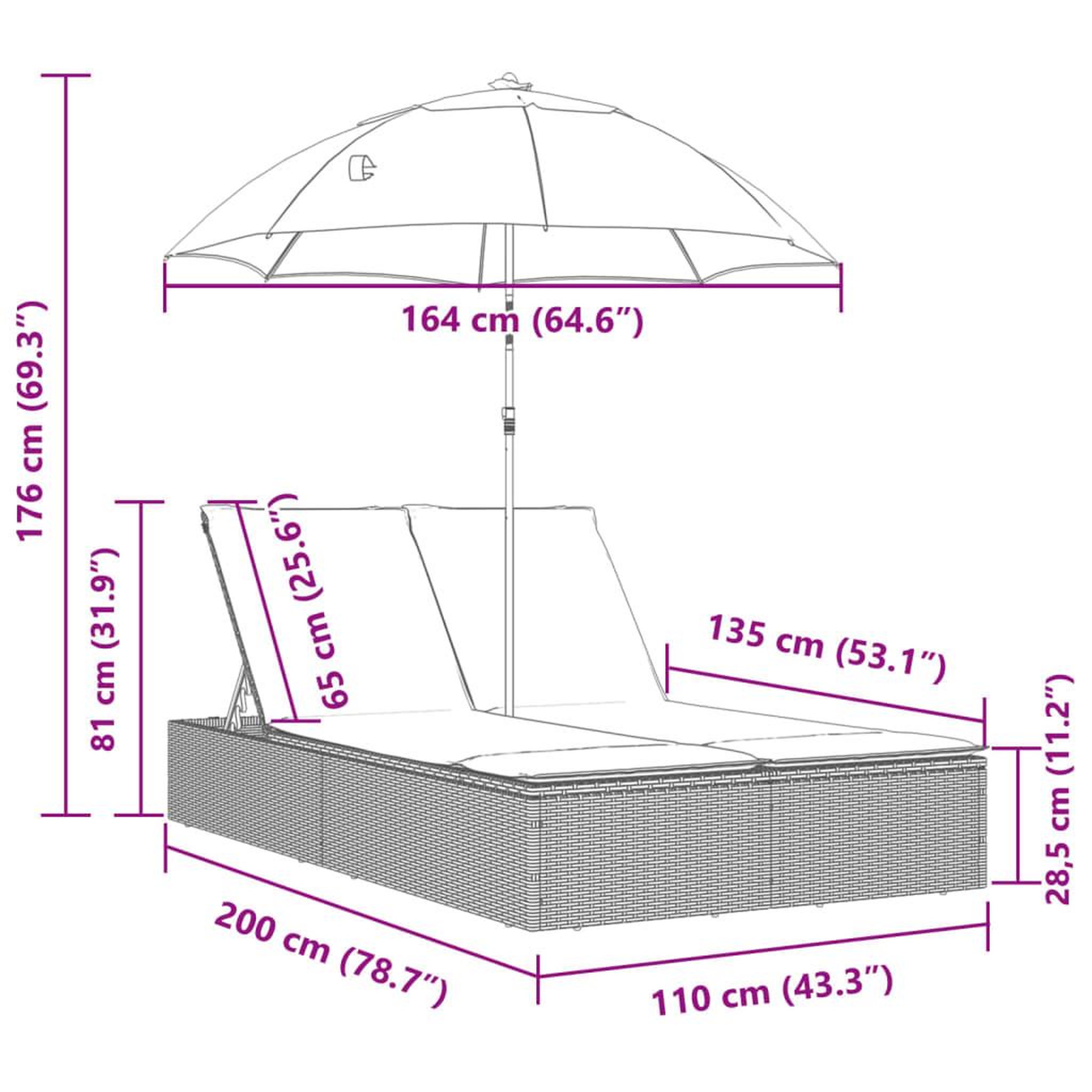 Voir la diapositive 6 : VIDAXL Chaise longue double avec coussins et parasol gris clair rotin