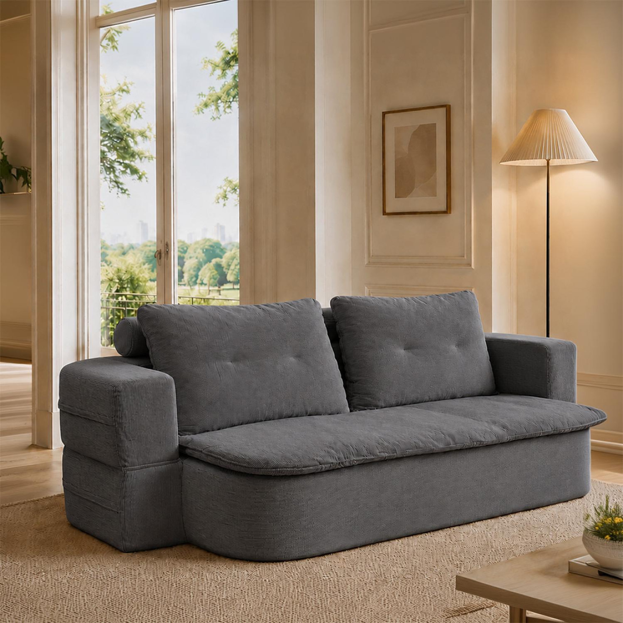 Voir la diapositive 2 : CONCEPT USINE Canapé compressé convertible 2-3 places + couette en velours côtelé gris foncé watford