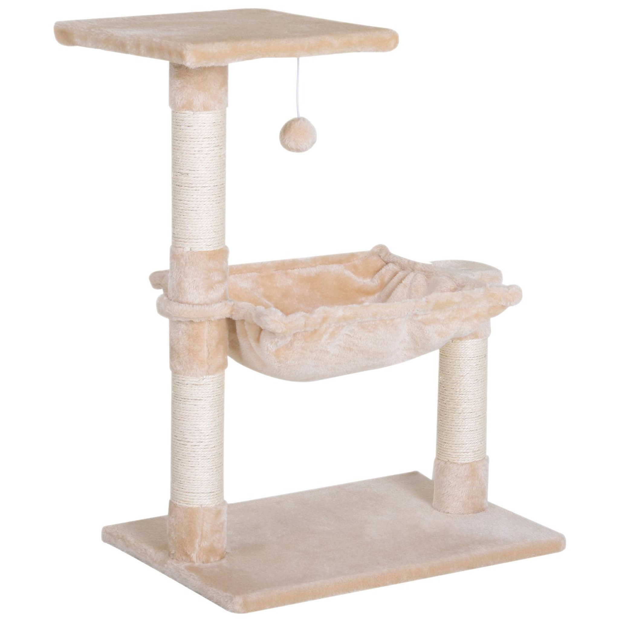 PAWHUT Arbre à chat 3 griffoirs grattoirs sisal naturel plateforme hamac et boule suspendue dim. 50l x 36l x 70h cm peluche haute densité 220 g/m² beige