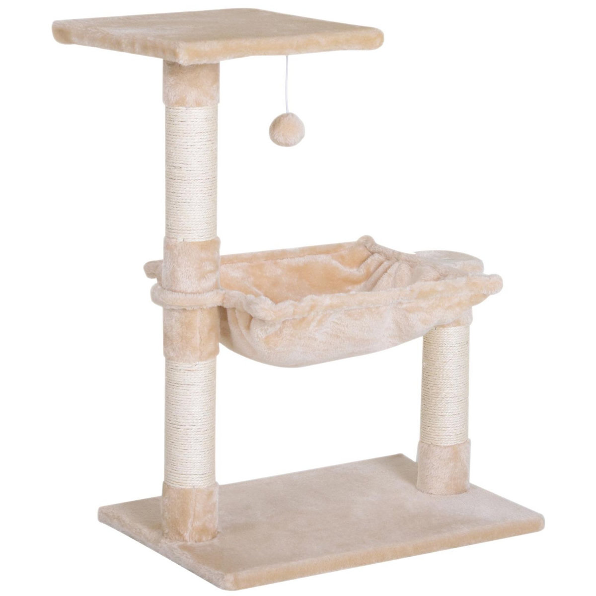PAWHUT Arbre à chat 3 griffoirs grattoirs sisal naturel plateforme hamac et boule suspendue dim. 50L x 36l x 70H cm peluche haute densité 220 g/m² beige