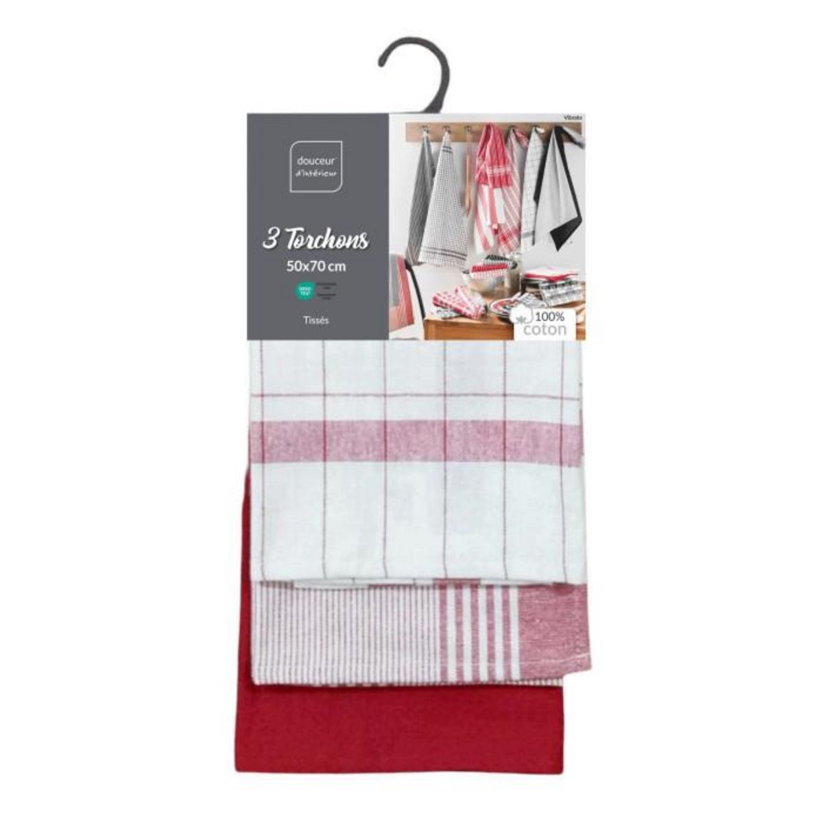 Paris Prix Lot de 3 Torchons  Vibrato  50x70cm Rouge