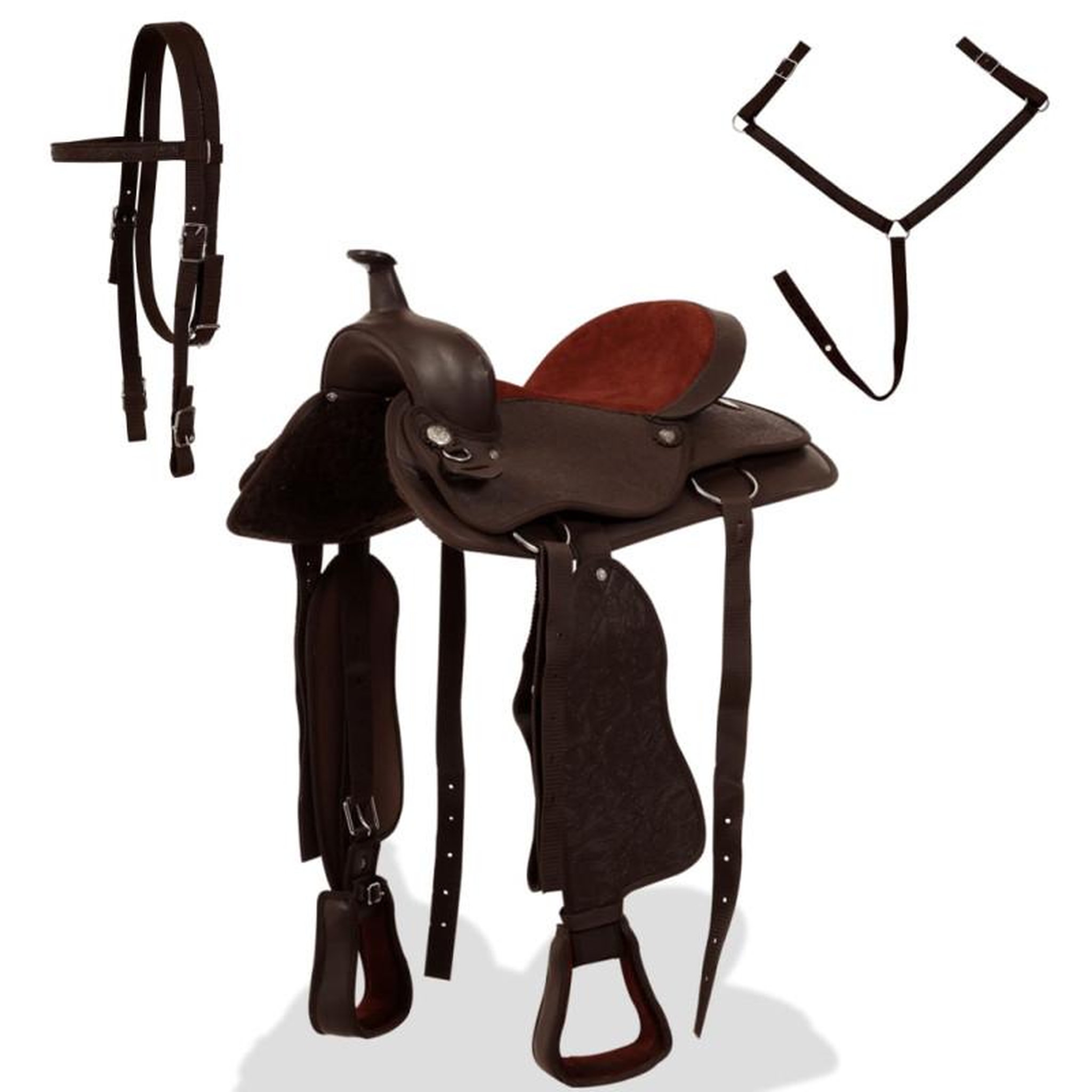 Voir la diapositive 2 : VIDAXL Selle, bridon et col de poitrine Cuir véritable 16 po Marron