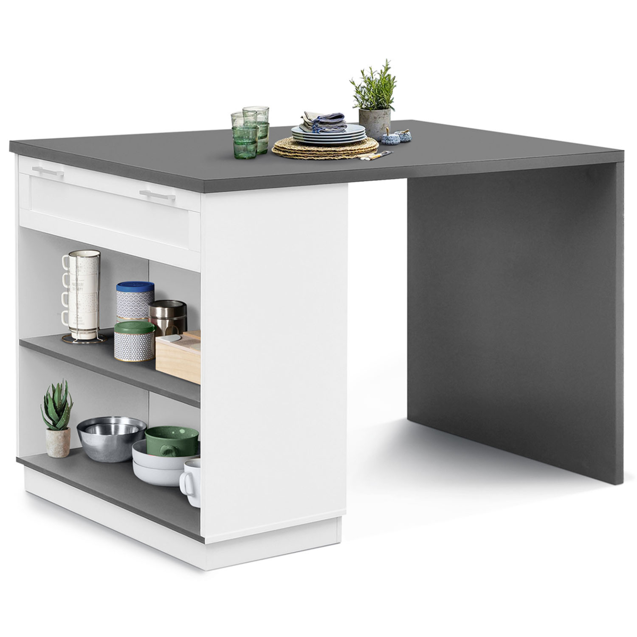 ID MARKET Ilot central mange-debout 4 personnes vito 130 cm blanc et plateau gris