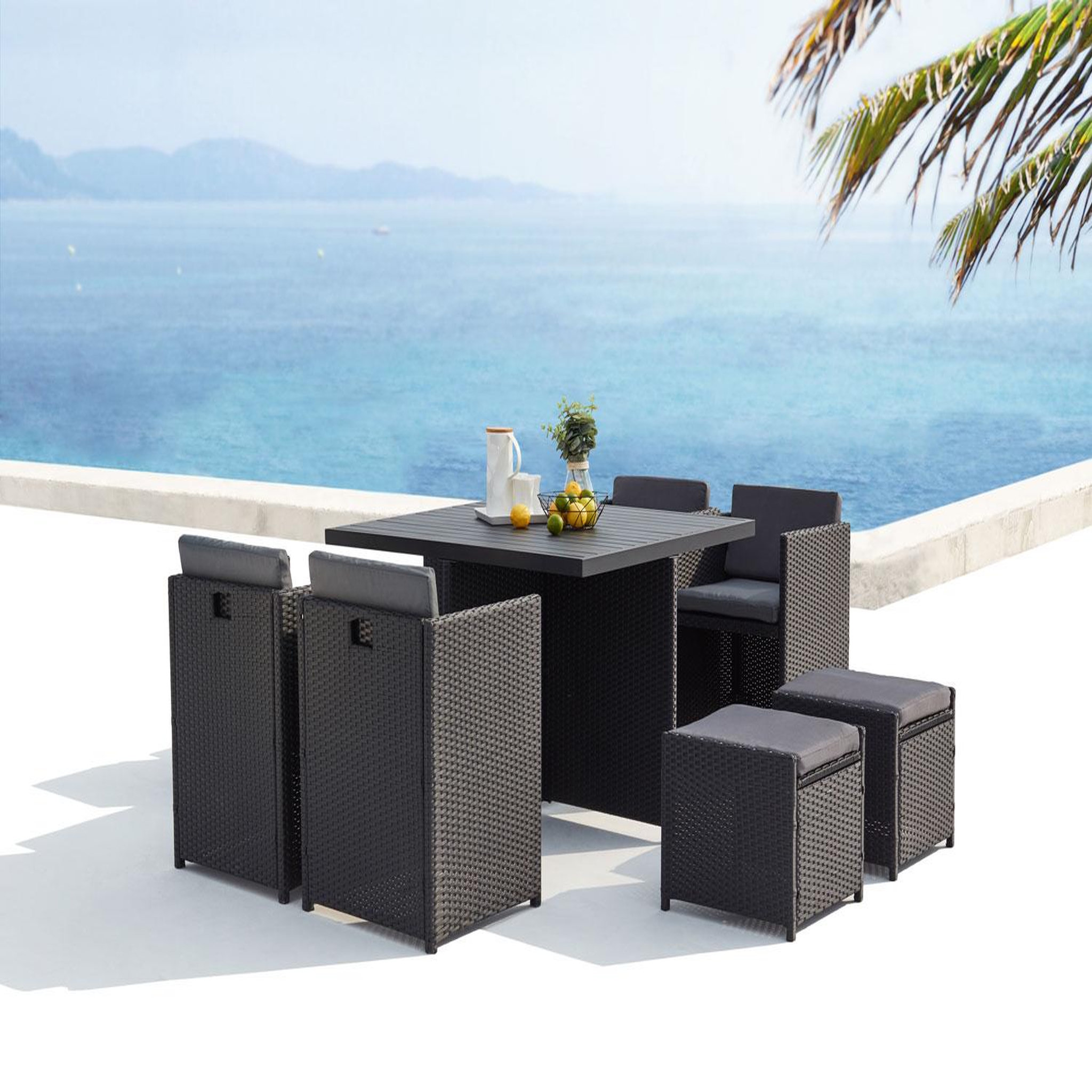 Voir la diapositive 2 : CONCEPT USINE Table et chaises 8 places encastrables alu et résin noir-gris sunset