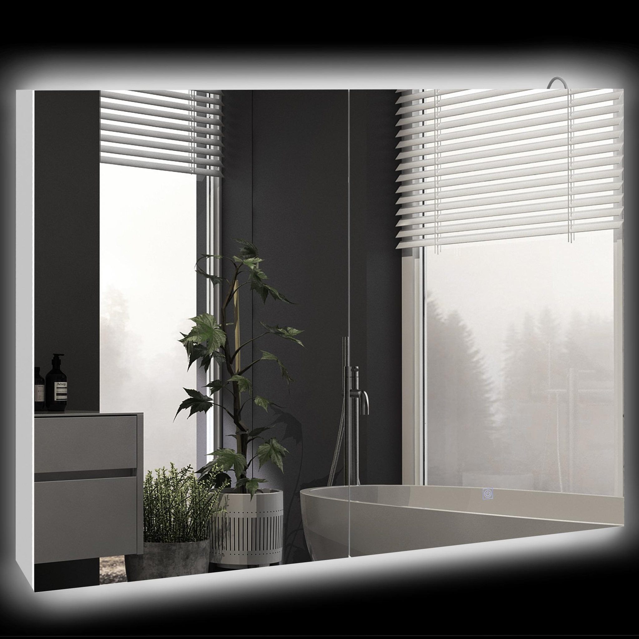 KLEANKIN Armoire miroir led de salle de bain - 2 portes, 2 étagères - tactile, lumière réglable - mdf blanc laqué verre