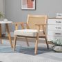 Voir la diapositive 2 : HOMCOM Fauteuil lounge avec coussin - dossier en cannage - assise profonde - accoudoirs - structure bois hévéa - aspect lin beige