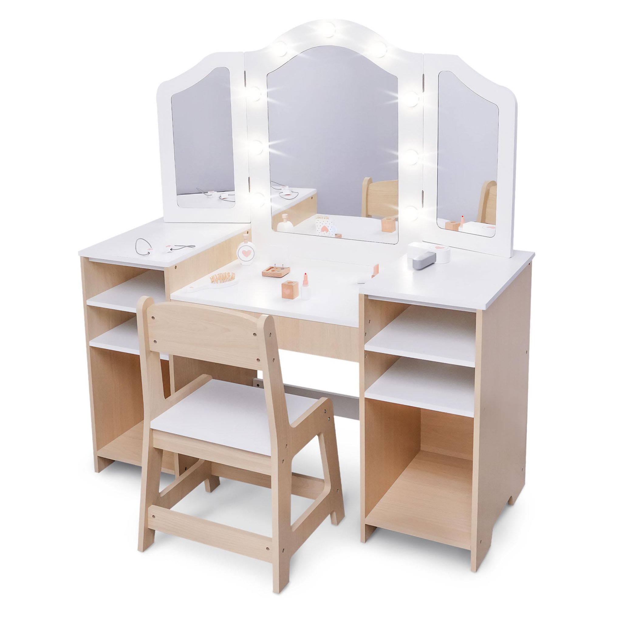 MAMABRUM Coiffeuse Enfant en Bois MAMABRUM avec Chaise, Miroir et Éclairage LED, 9 Accessoires