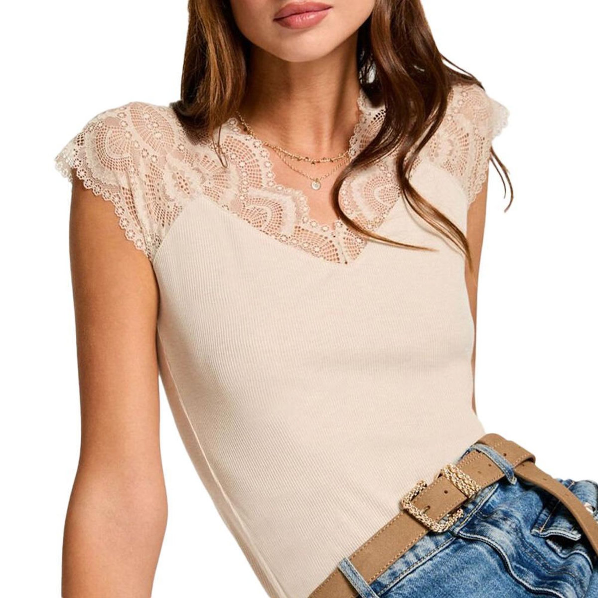 MORGAN T-Shirt Beige Femme Morgan Dentelle
