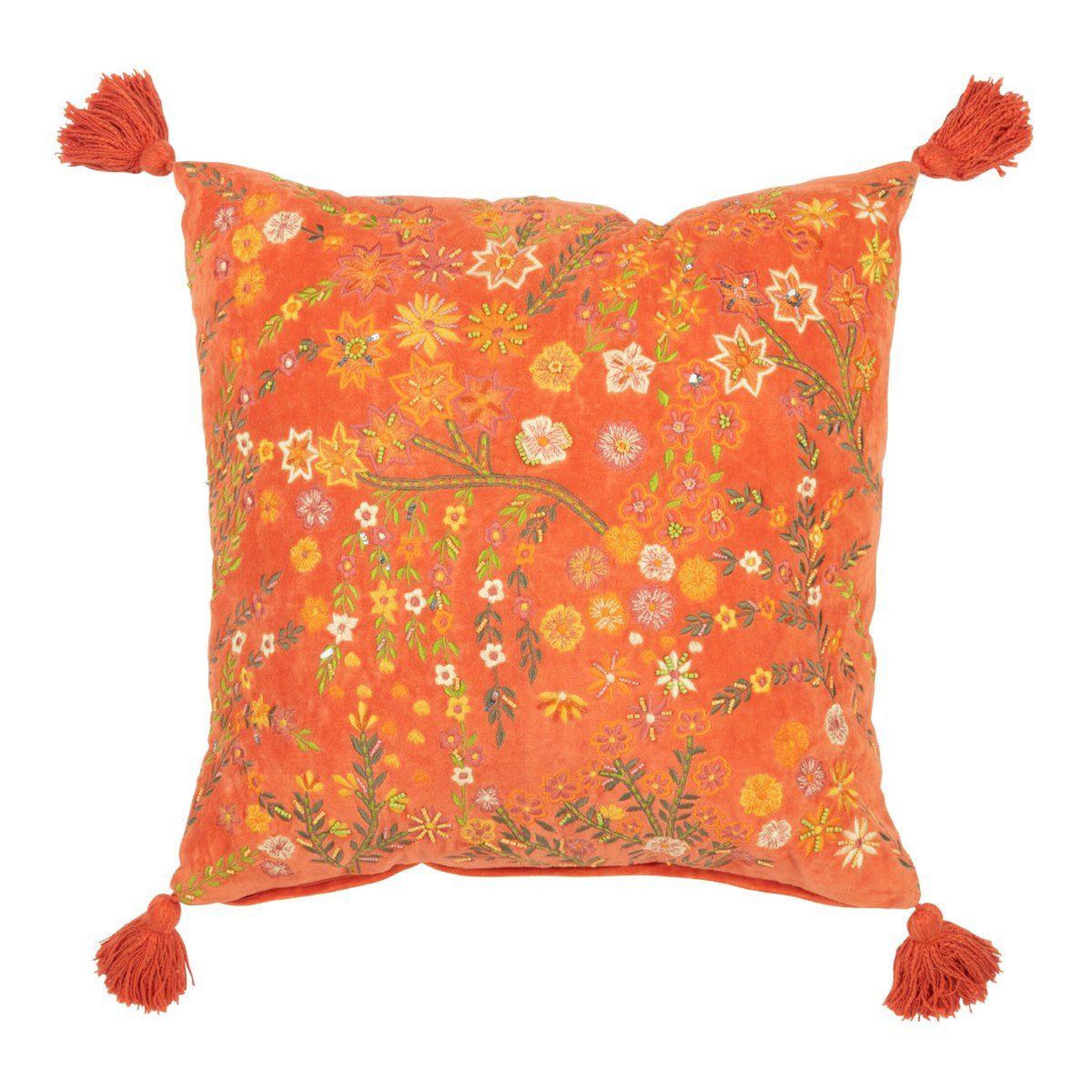 J-LINE Coussin velours design fleurs  mexican  50x50cm orange