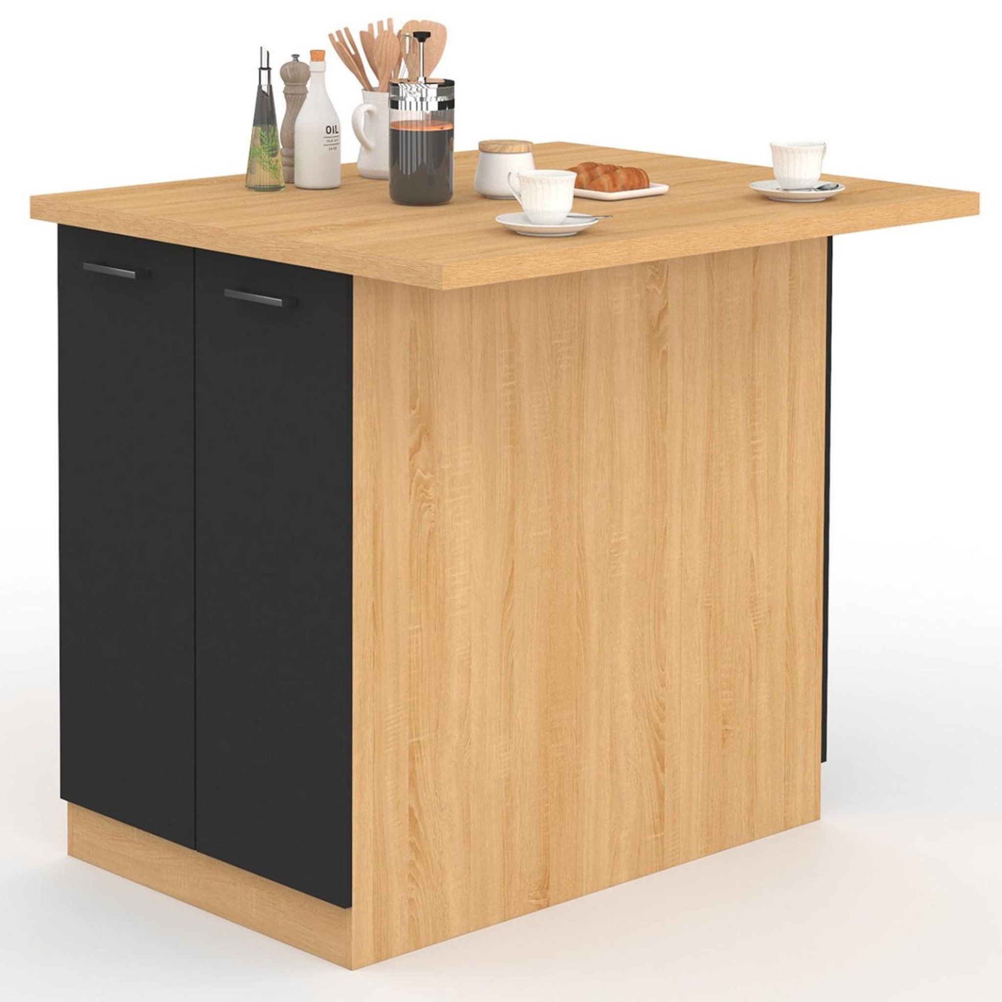 ID MARKET Ilot central ivo 100 cm bois façon hêtre portes noires avec plan de travail