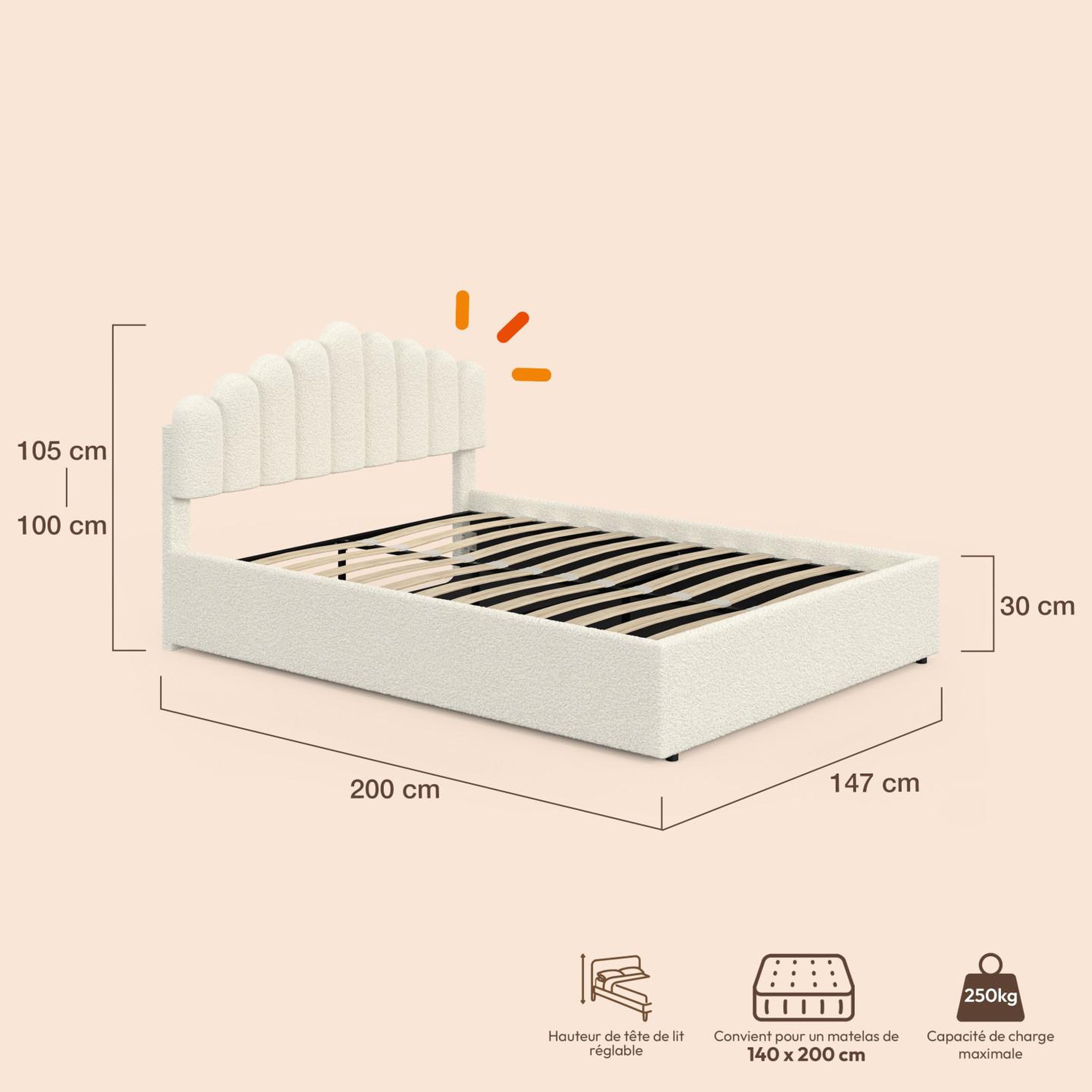 Voir la diapositive 4 : ID MARKET Lit coffre double noelie avec tête de lit et sommier 140 x 190 cm tissu bouclette blanc