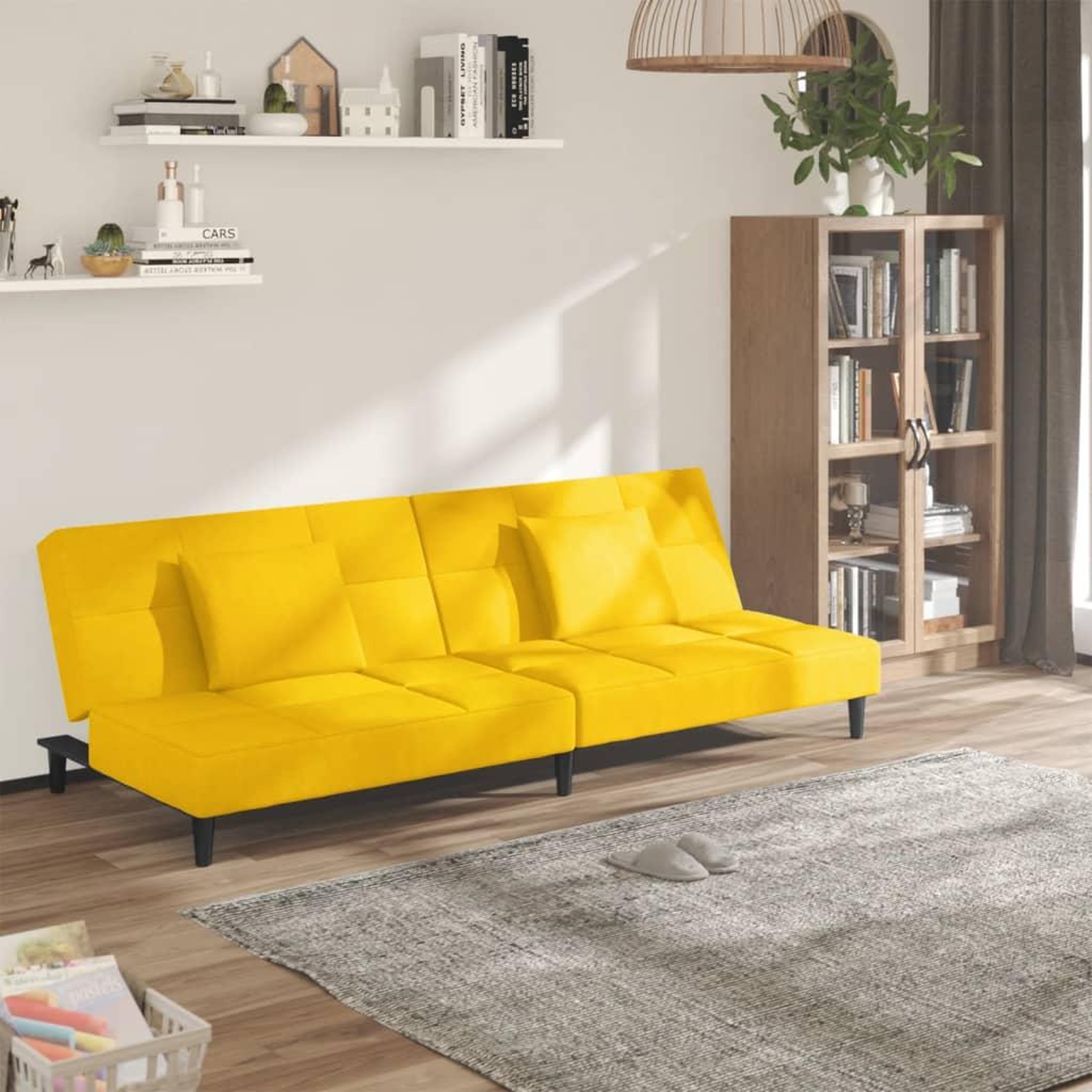 VIDAXL Canape-lit a 2 places avec deux oreillers Jaune Velours