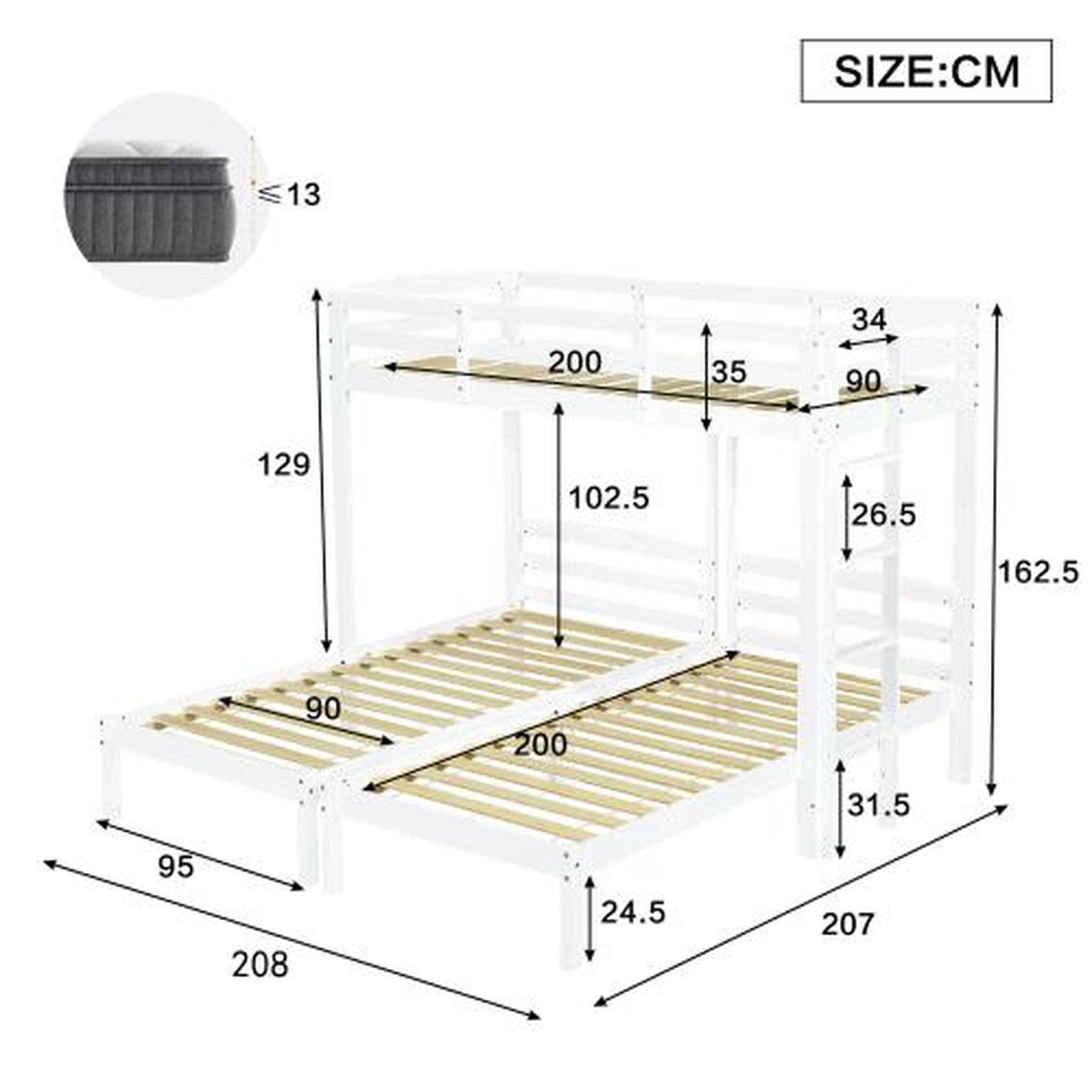 Voir la diapositive 3 : MERAX Lit triple 90x200cm coloris blanc bois massif
