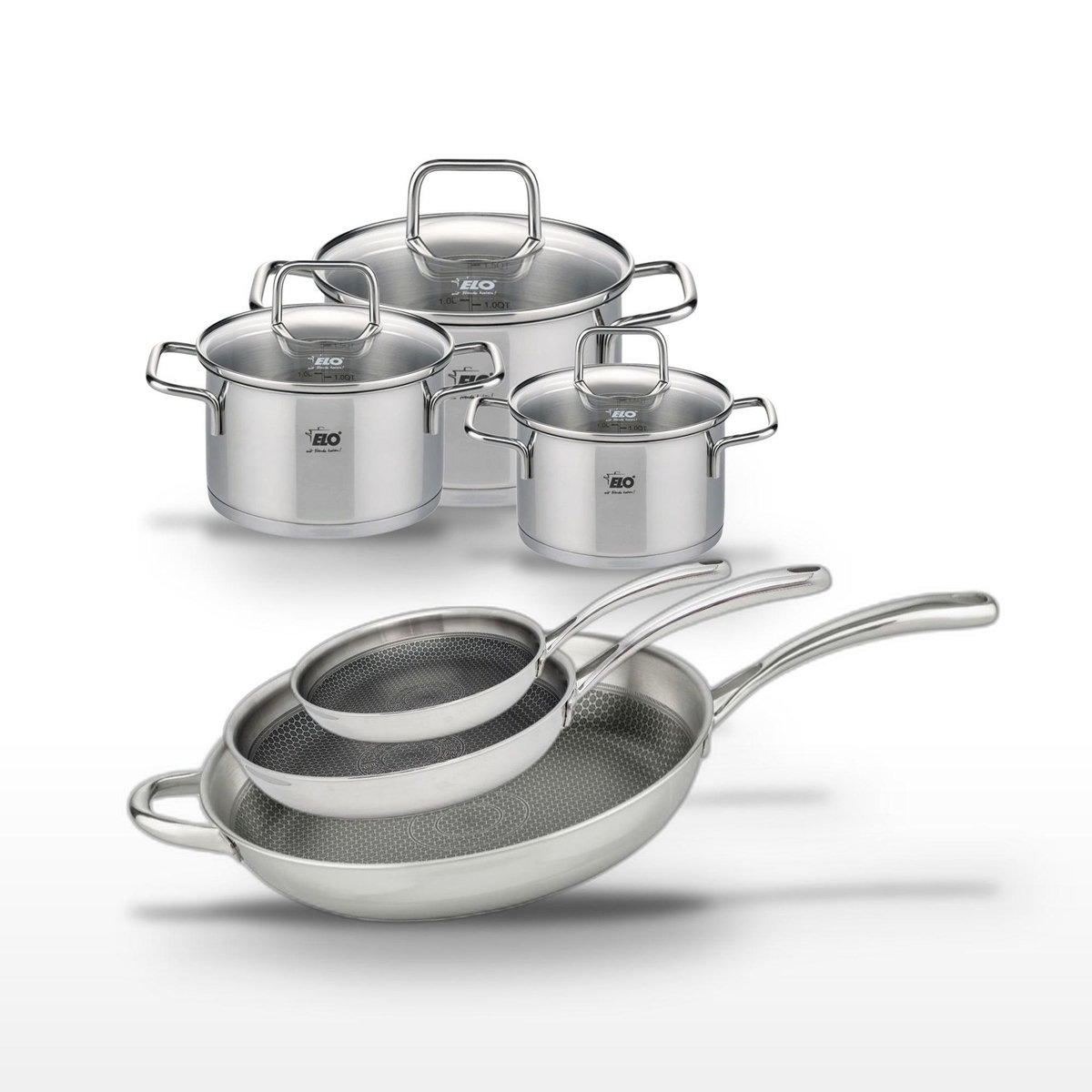 ELO Lot 3 Poêles 24/28/32 cm & 3 Faitouts 14/16/20 cm Elo Relief Evolution