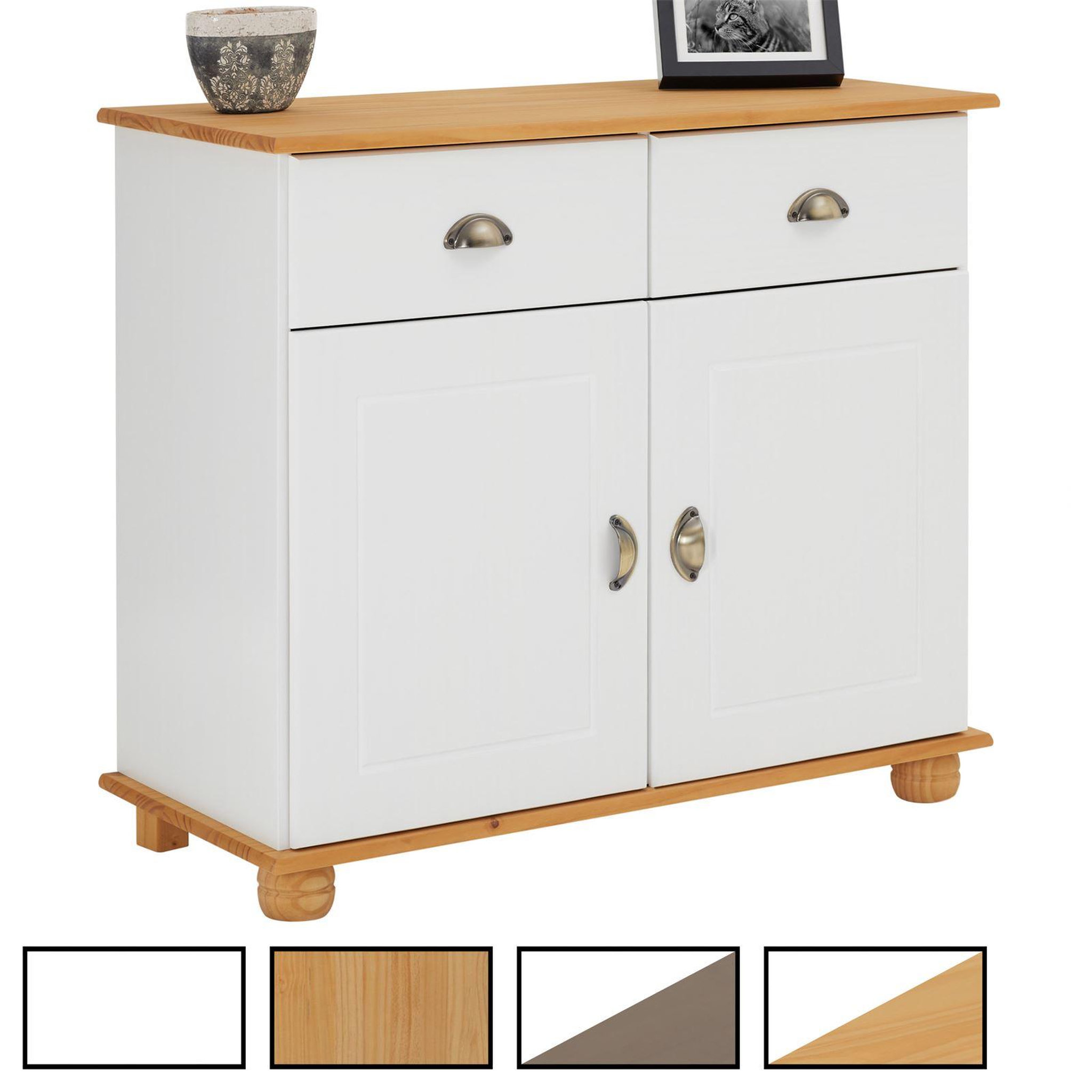 IDIMEX Buffet COLMAR en pin massif, 2 tiroirs et 2 portes. Coloris disponibles : Bicolore, Marron
