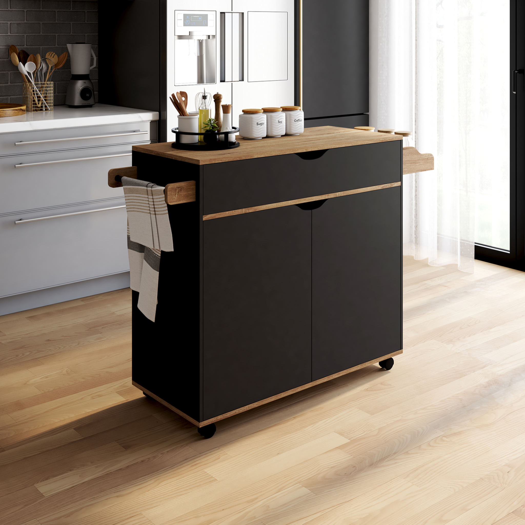 Voir la diapositive 2 : ID MARKET Desserte de cuisine cosy xxl placard avec tiroir noir et plateaux façon hêtre l.90 cm