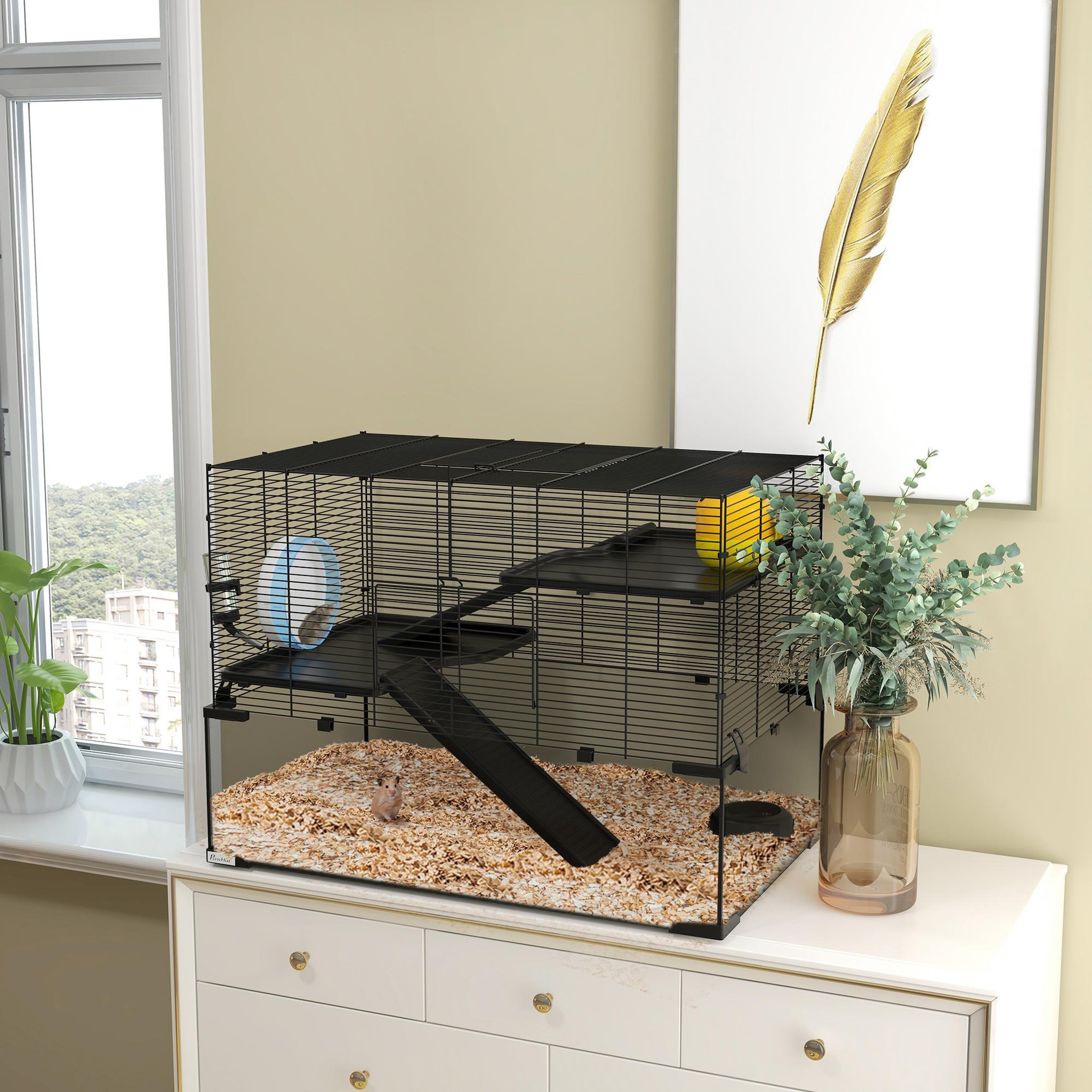 Voir la diapositive 2 : PAWHUT Cage hamster rongeur 3 niveaux 76 x 48 x 54 cm - roue, rampes, maisonnette, abreuvoir, mangeoire - noir