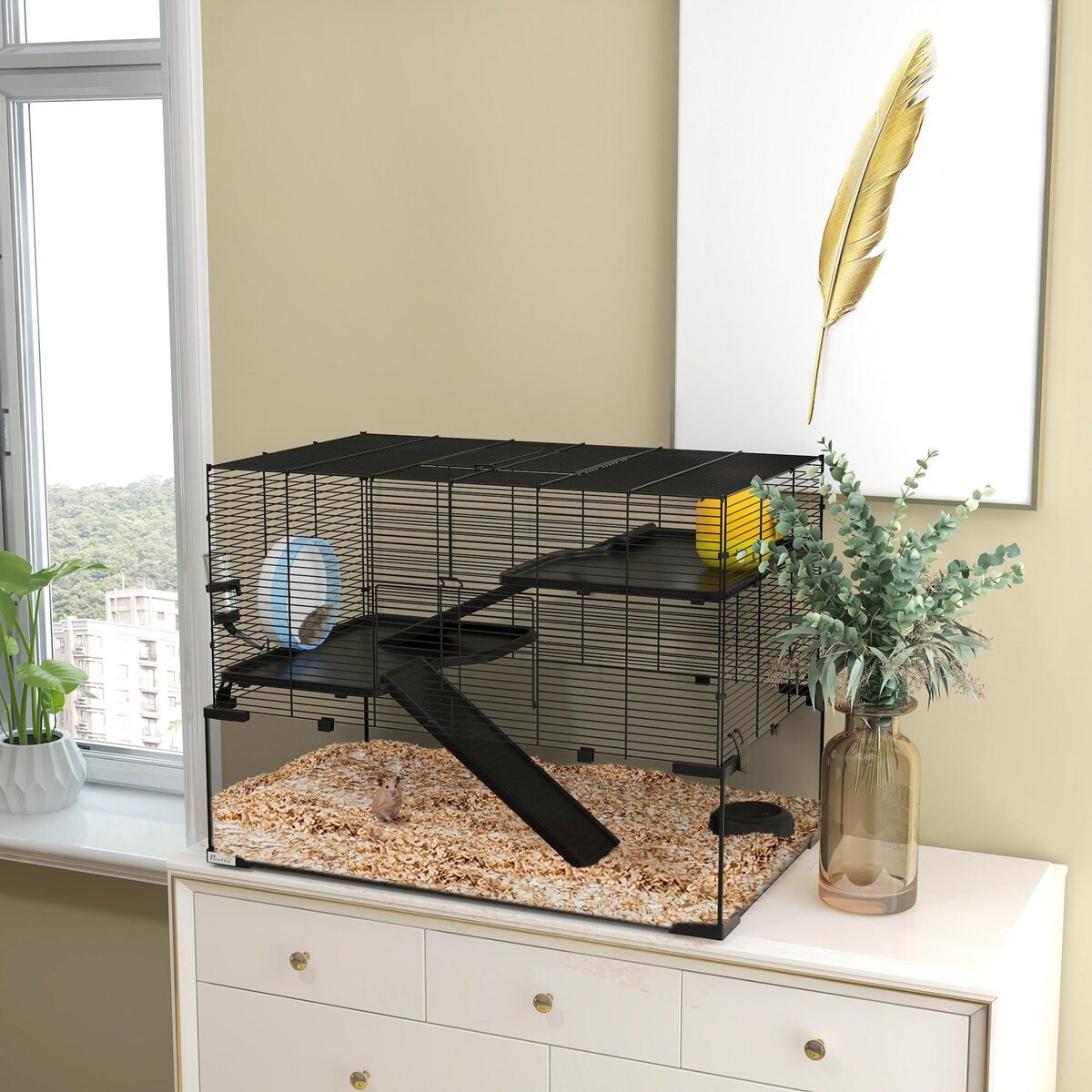 PAWHUT Cage hamster rongeur 3 niveaux 76 x 48 x 54 cm - roue, rampes, maisonnette, abreuvoir, mangeoire - noir