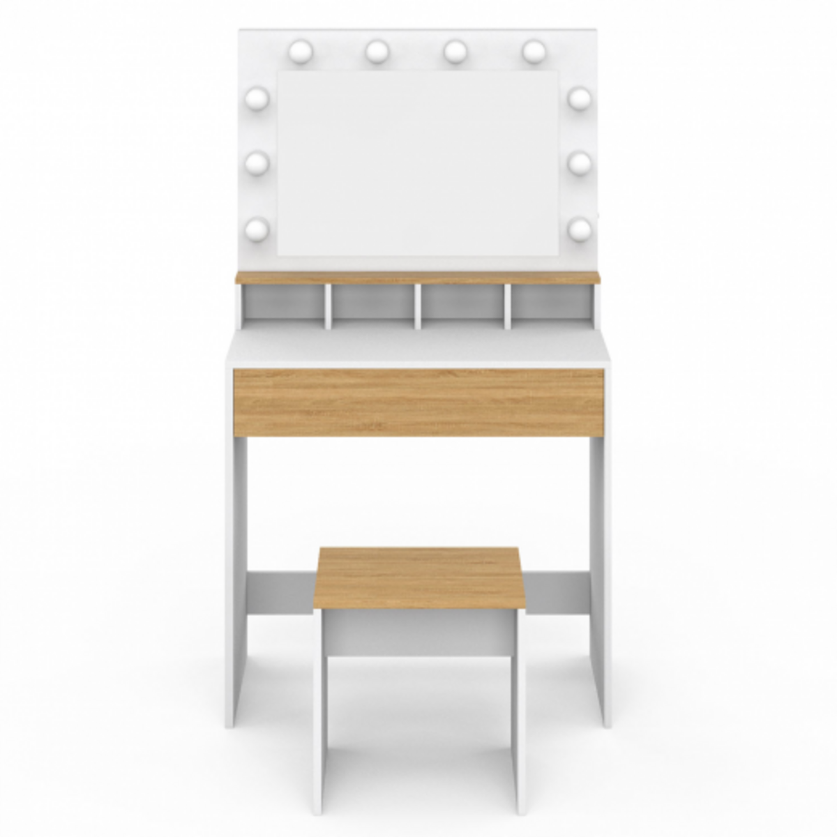 ID MARKET Coiffeuse ZELIA blanc et hêtre miroir LED avec 4 niches, 1 tiroir et tabouret