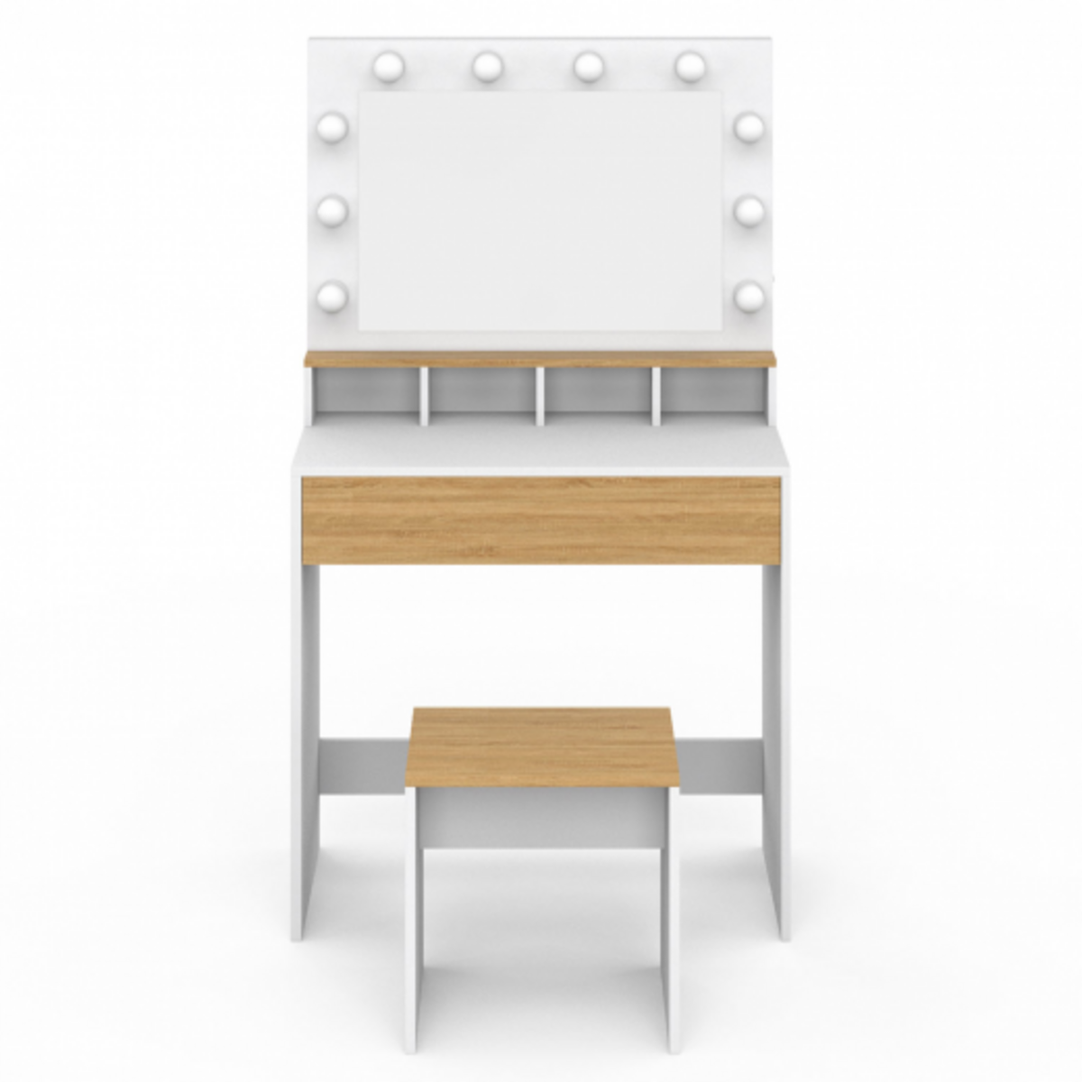ID MARKET Coiffeuse ZELIA blanc et hêtre miroir LED avec 4 niches, 1 tiroir et tabouret