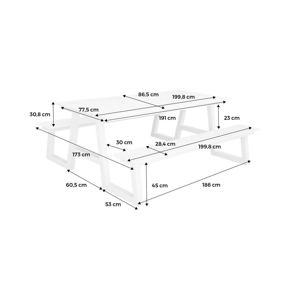SWEEEK Table pique nique ANA aluminium avec 2 bancs blancs. 6 places. 199.8 x 173 x 75.8 cm