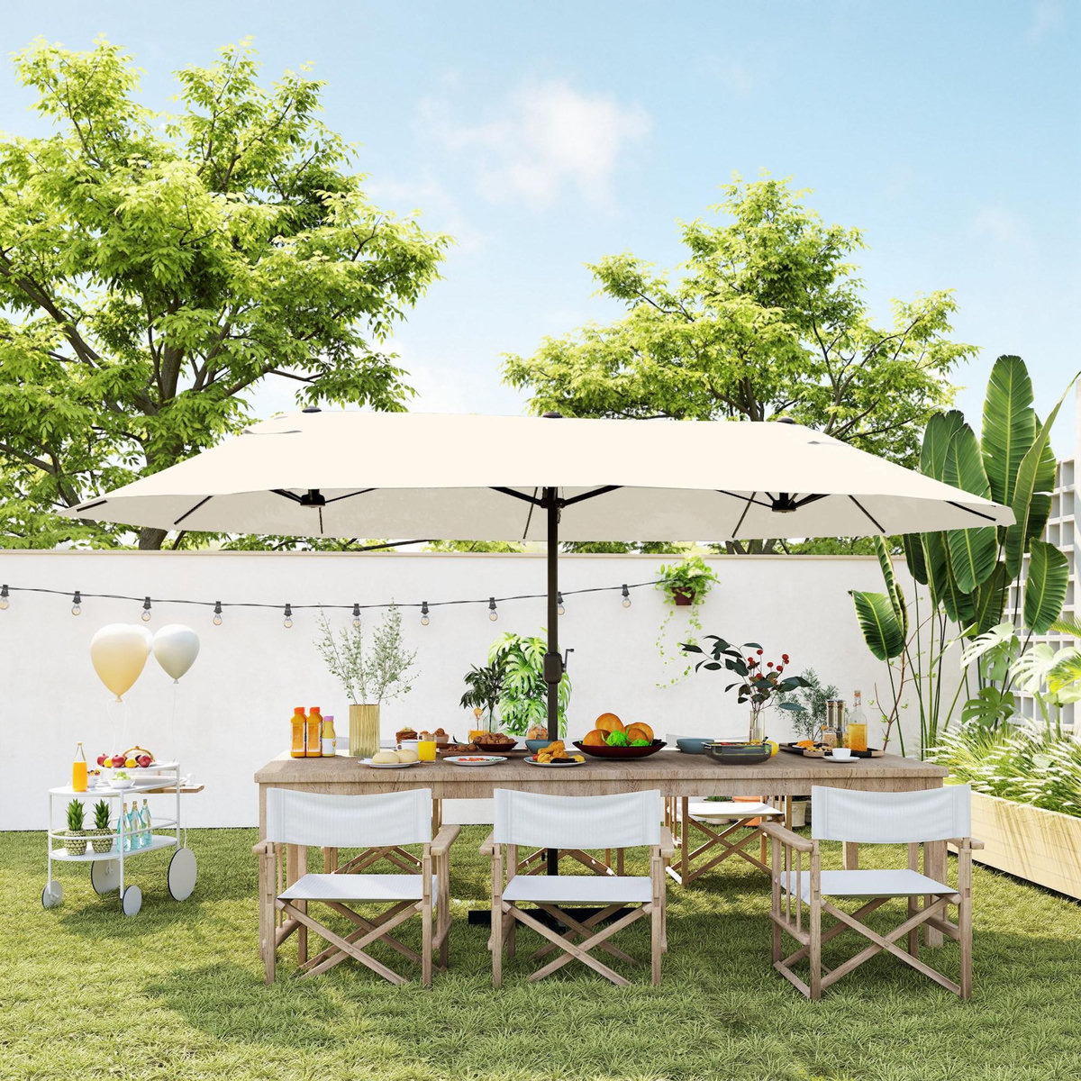 OUTSUNNY Parasol de jardin XXL parasol grande taille 4,6L x 2,7l x 2,4H m ouverture fermeture manivelle acier polyester haute densité crème