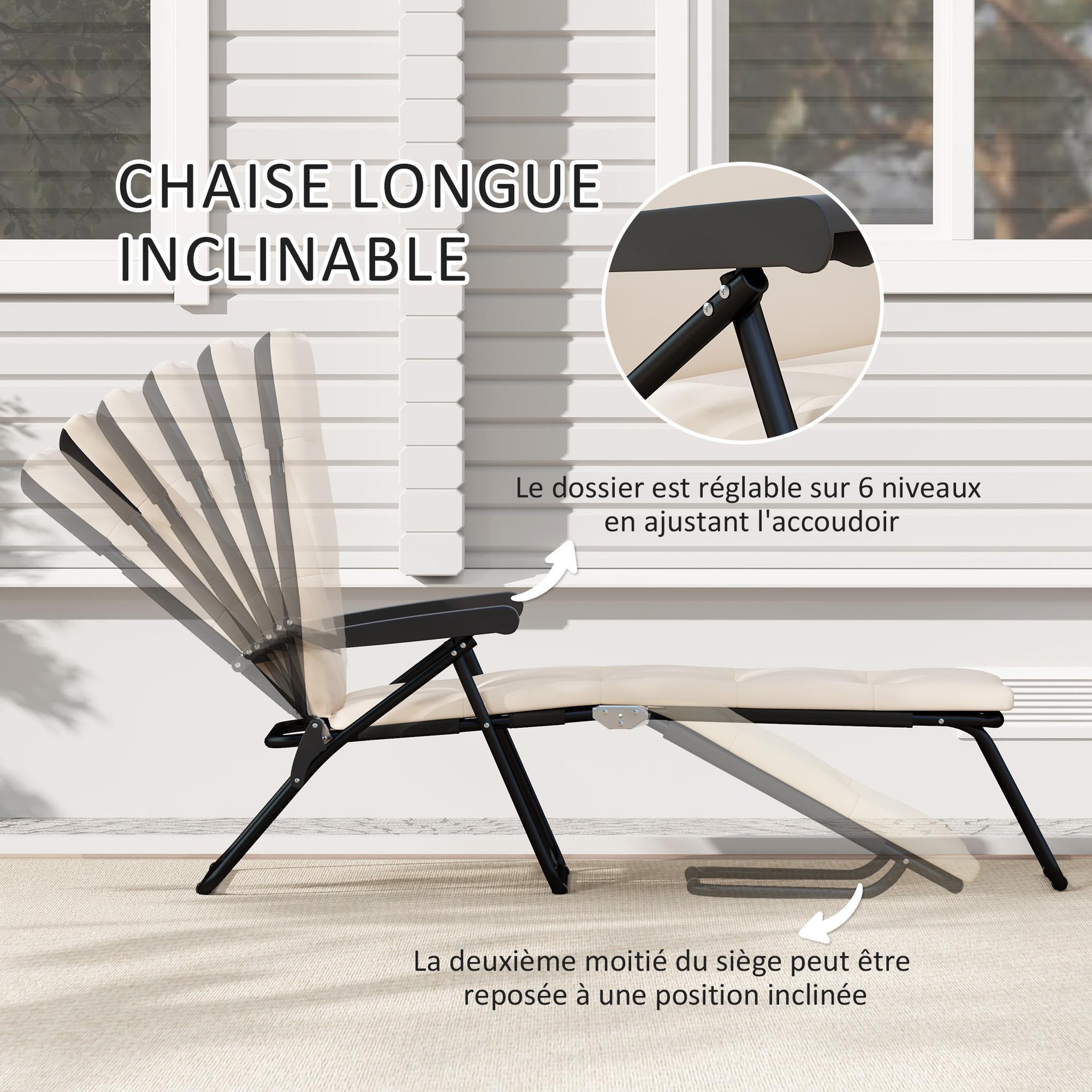 Voir la diapositive 6 : OUTSUNNY Bain de soleil pliable transat inclinable 6 positions grand confort avec matelas + accoudoirs acier polyester beige