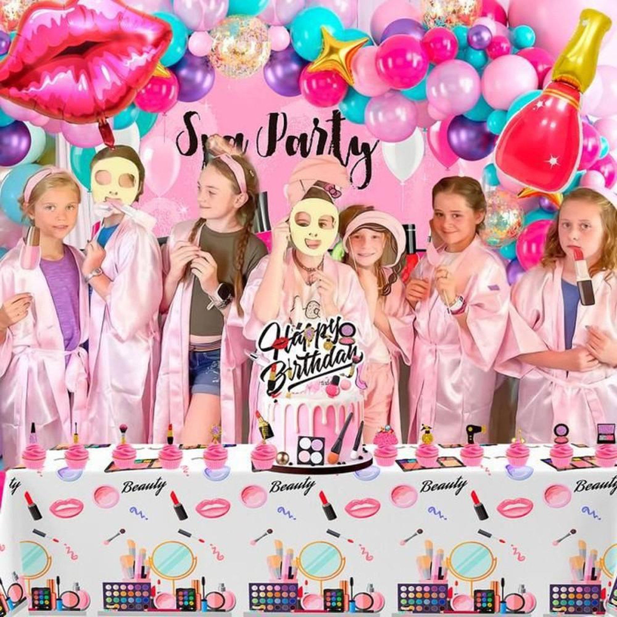 Voir la diapositive 6 : Set ballons déco thème Spa Party avec lettres et icônes maquillage multicolores rose, turquoise, violet, blanc, doré, rouge et magenta, réutilisables