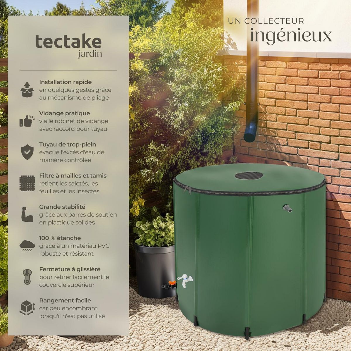 tectake Tonneau récupérateur d'eau de pluie avec robinet et protection anti-débordement vert 750 L