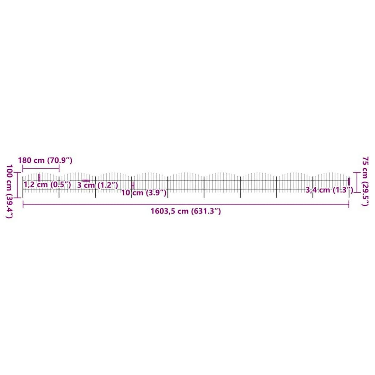 VIDAXL Cloture de jardin avec dessus en forme de lance en acier 1603,5 x 100 cm Noir