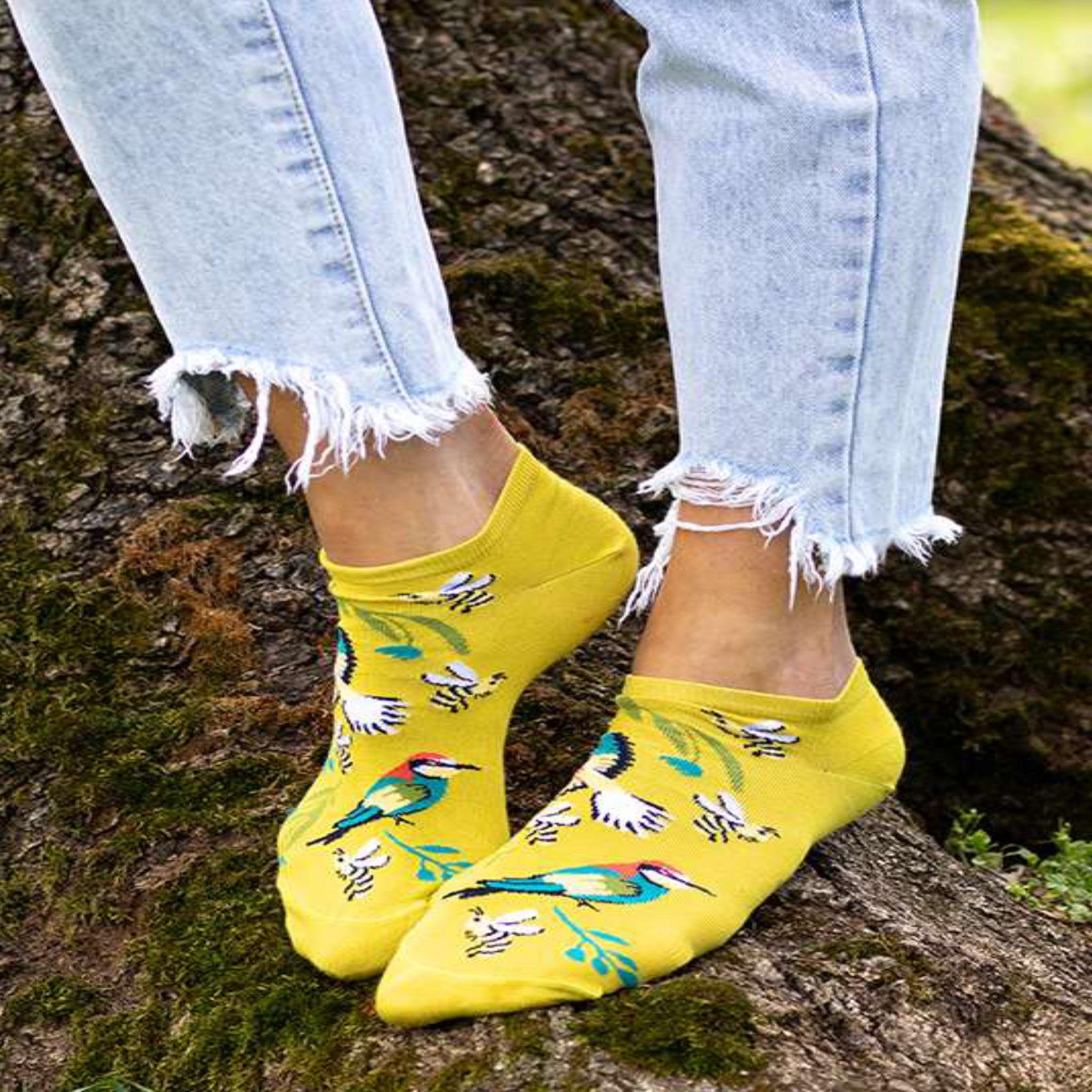 Voir la diapositive 2 : PIRIN HILL Socquettes en bambou oiseaux & fleurs - jaunes citron