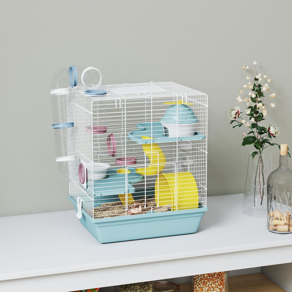 PAWHUT Cage rongeur hamster 3 niveaux cabane roue tunnel toboggan biberon mangeoire 34 x 27 x 41 cm blanc bleu
