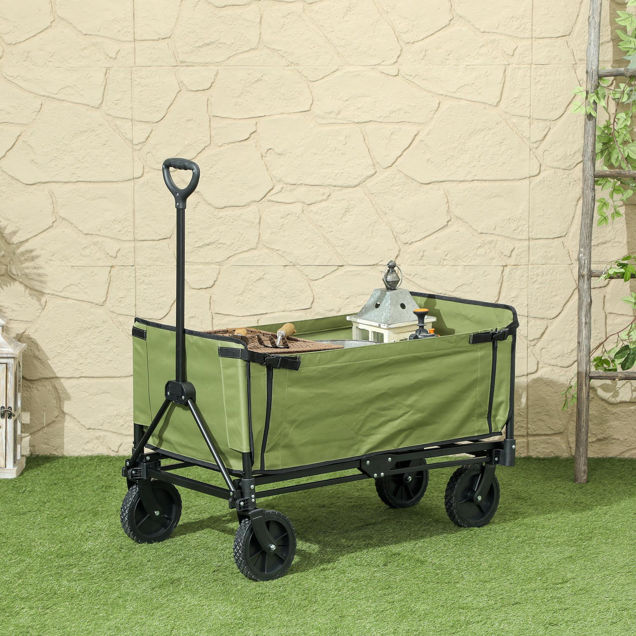 Voir la diapositive 2 : OUTSUNNY Chariot de jardin pliable 130l - housse zippée amovible, poignée télescopique mobile - acier noir tissu kaki
