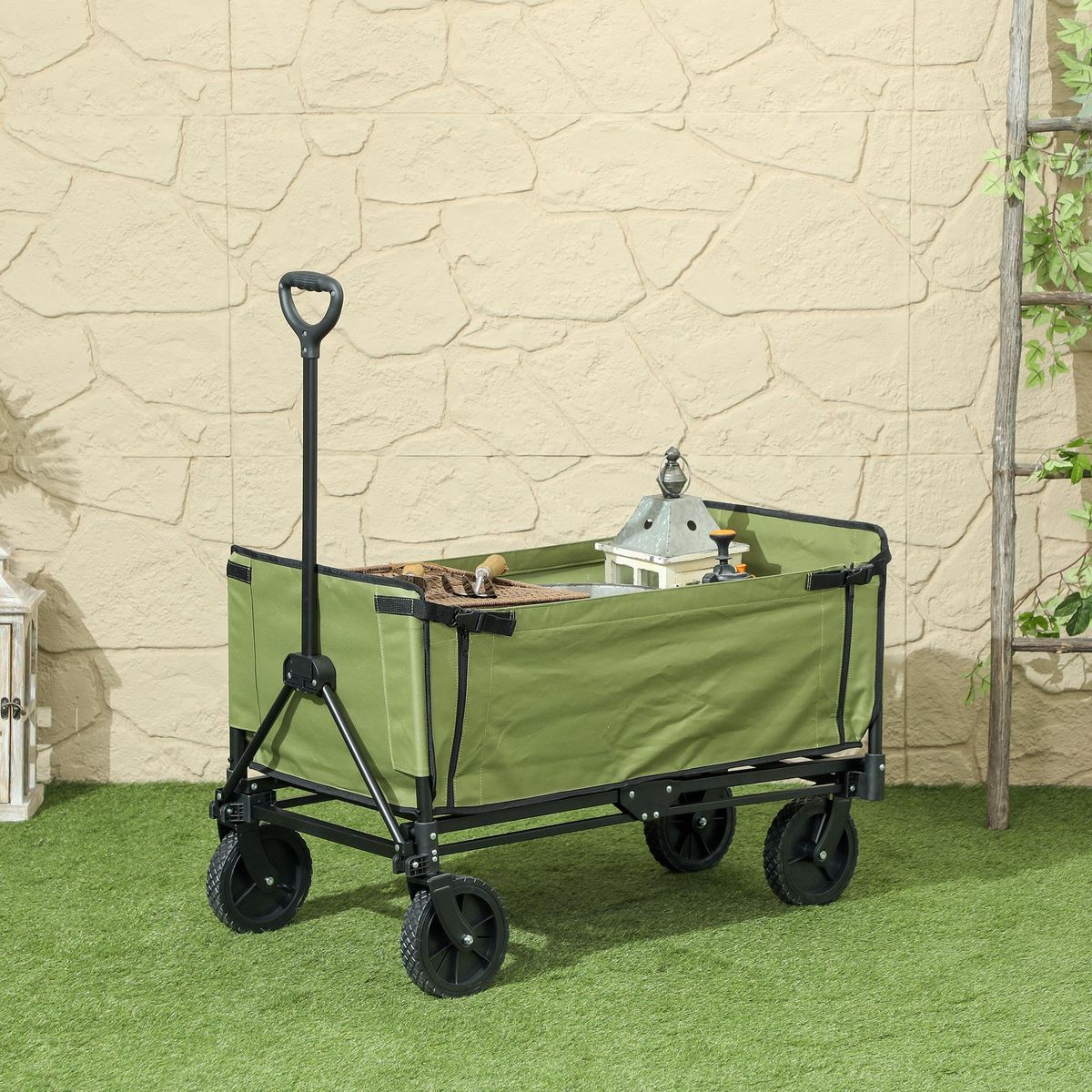 OUTSUNNY Chariot de jardin pliable 130L - housse zippée amovible, poignée télescopique mobile - acier noir tissu kaki