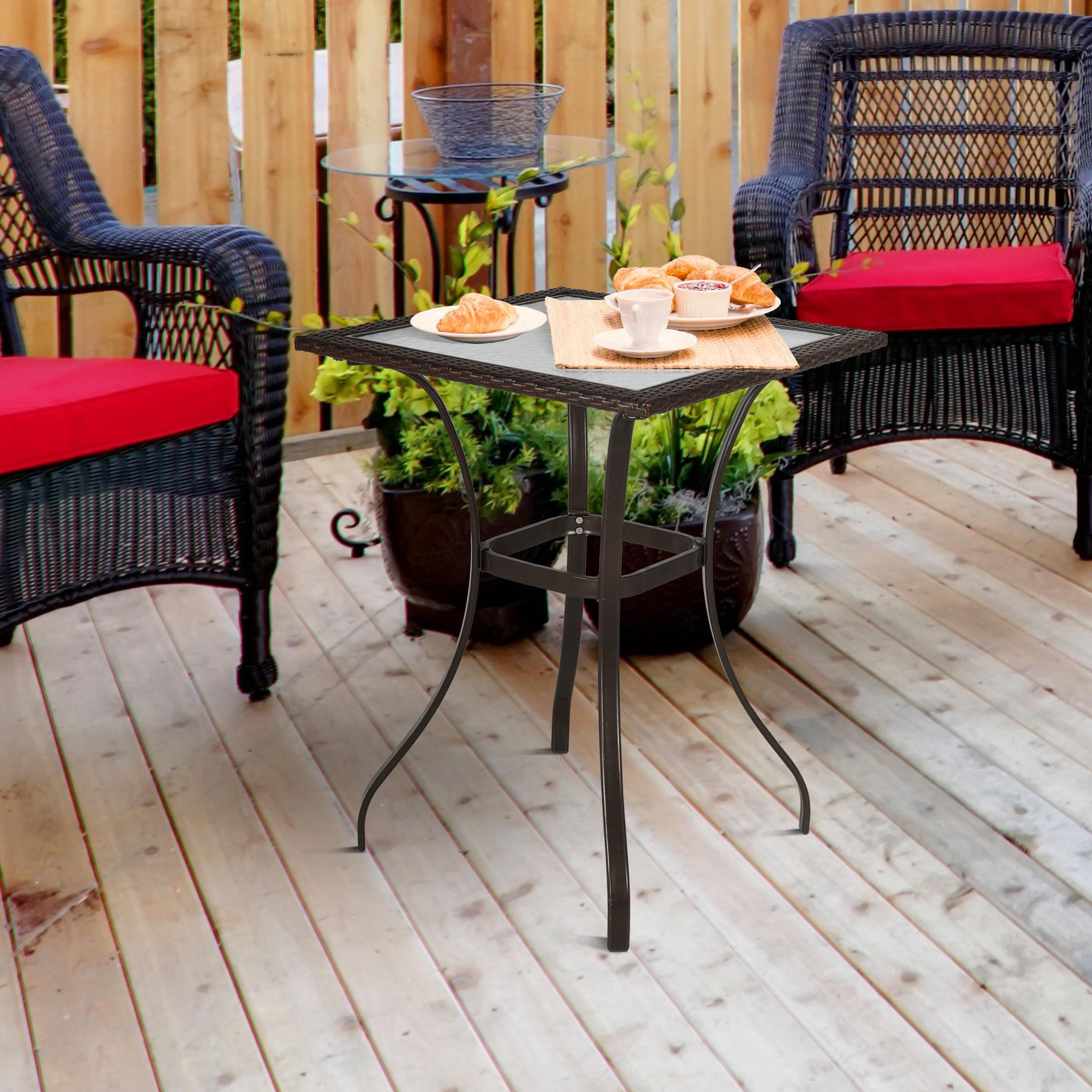 Voir la diapositive 2 : OUTSUNNY Table carrée bistro de jardin dim. 72L X 72l x 94H cm métal époxy résine tressée chocolat plateau verre trempé