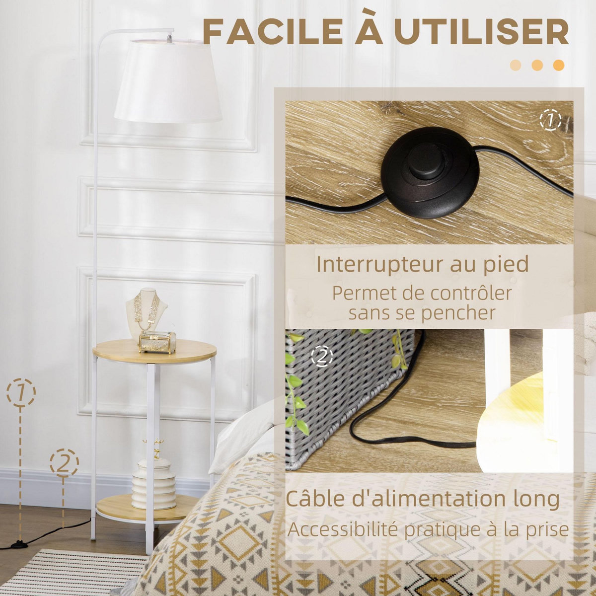 HOMCOM Lampadaire étagères design dim. Ø 37 x 162H cm 40 W max. bois bambou verni métal abat-jour tissu blanc