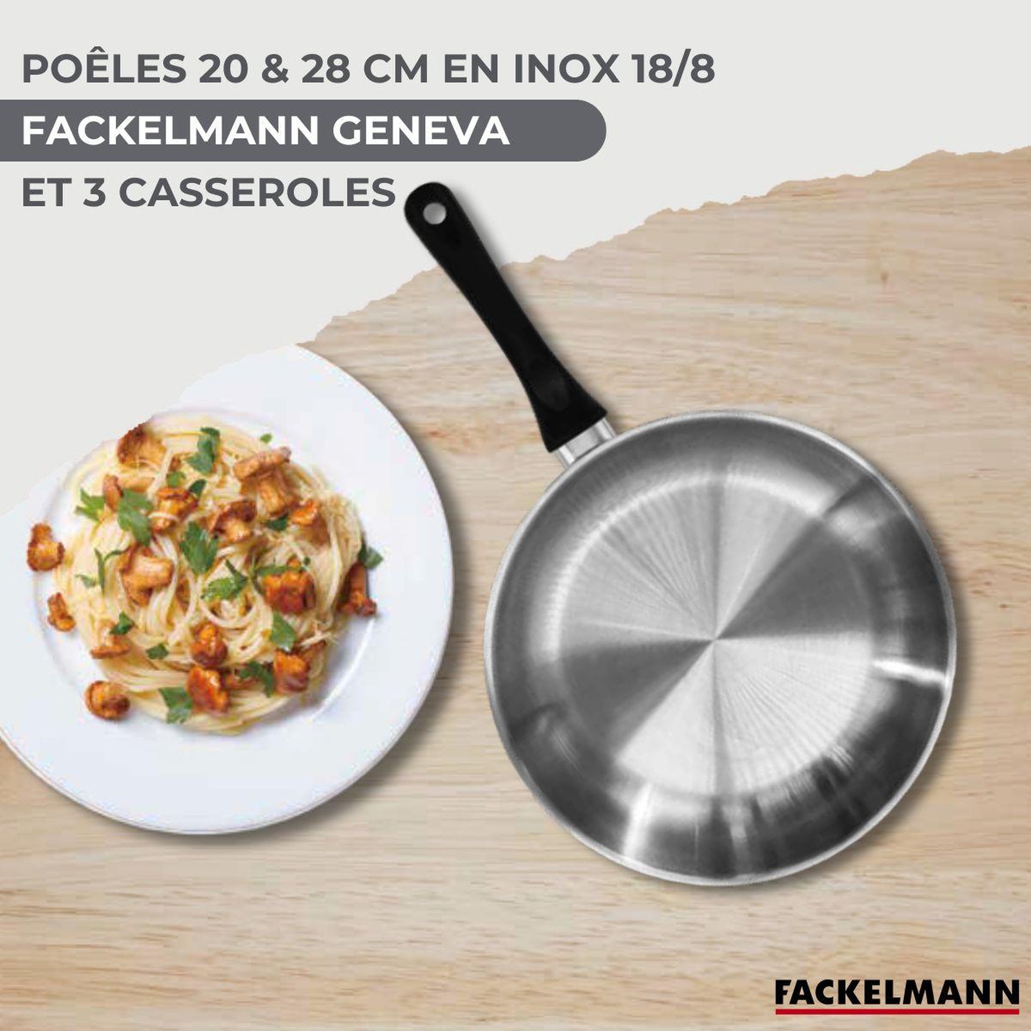 Voir la diapositive 2 : Fackelmann Set 2 poêles 20 et 28 cm 3 casseroles 12 16 et 20 cm en inox et 6 ustensiles fackelmann geneva