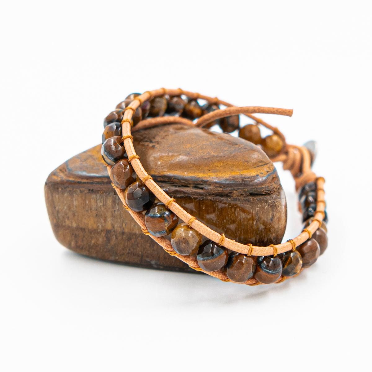 SLOYA Bracelet Facelia en pierres Oeil de tigre et cuir véritable