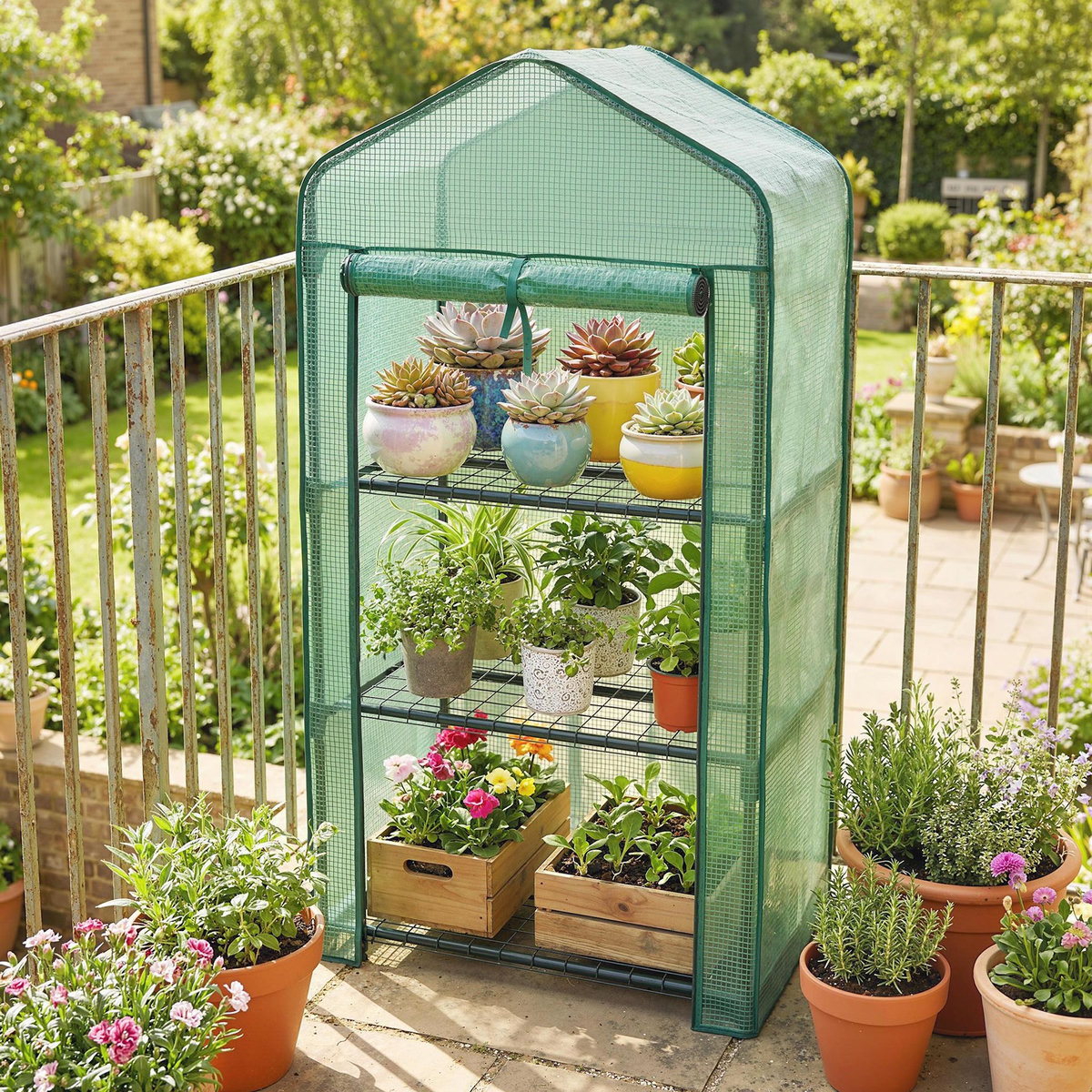 OUTSUNNY Serre de jardin balcon 3 niveaux métal thermolaqué vert PE vert